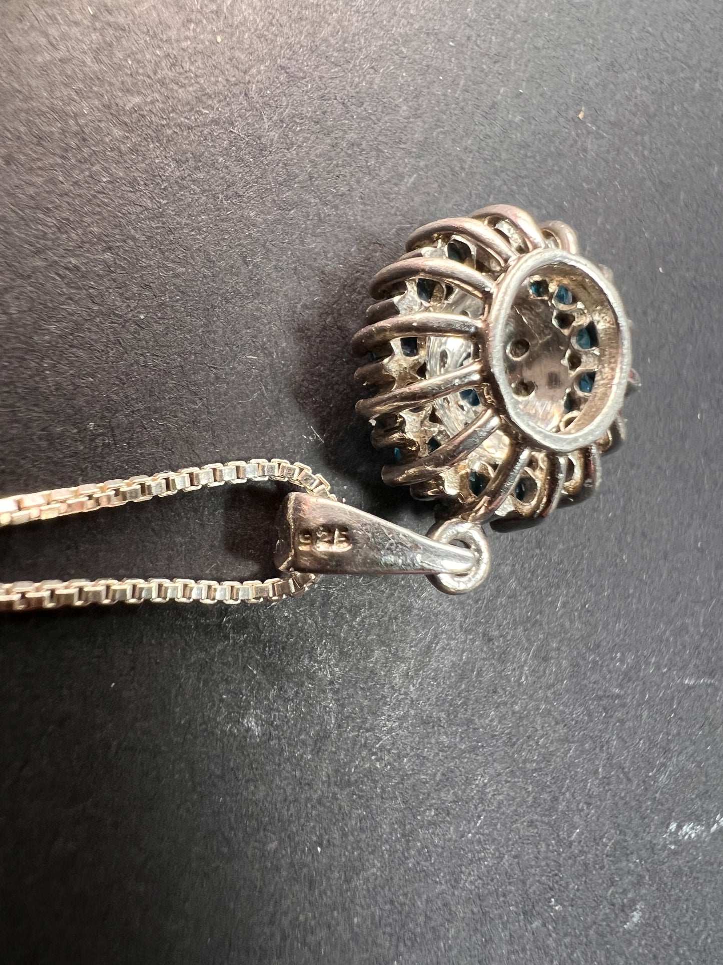 Vintage 925 Sterling Silver Blue Apatite & Diamond Halo Pendant Necklace