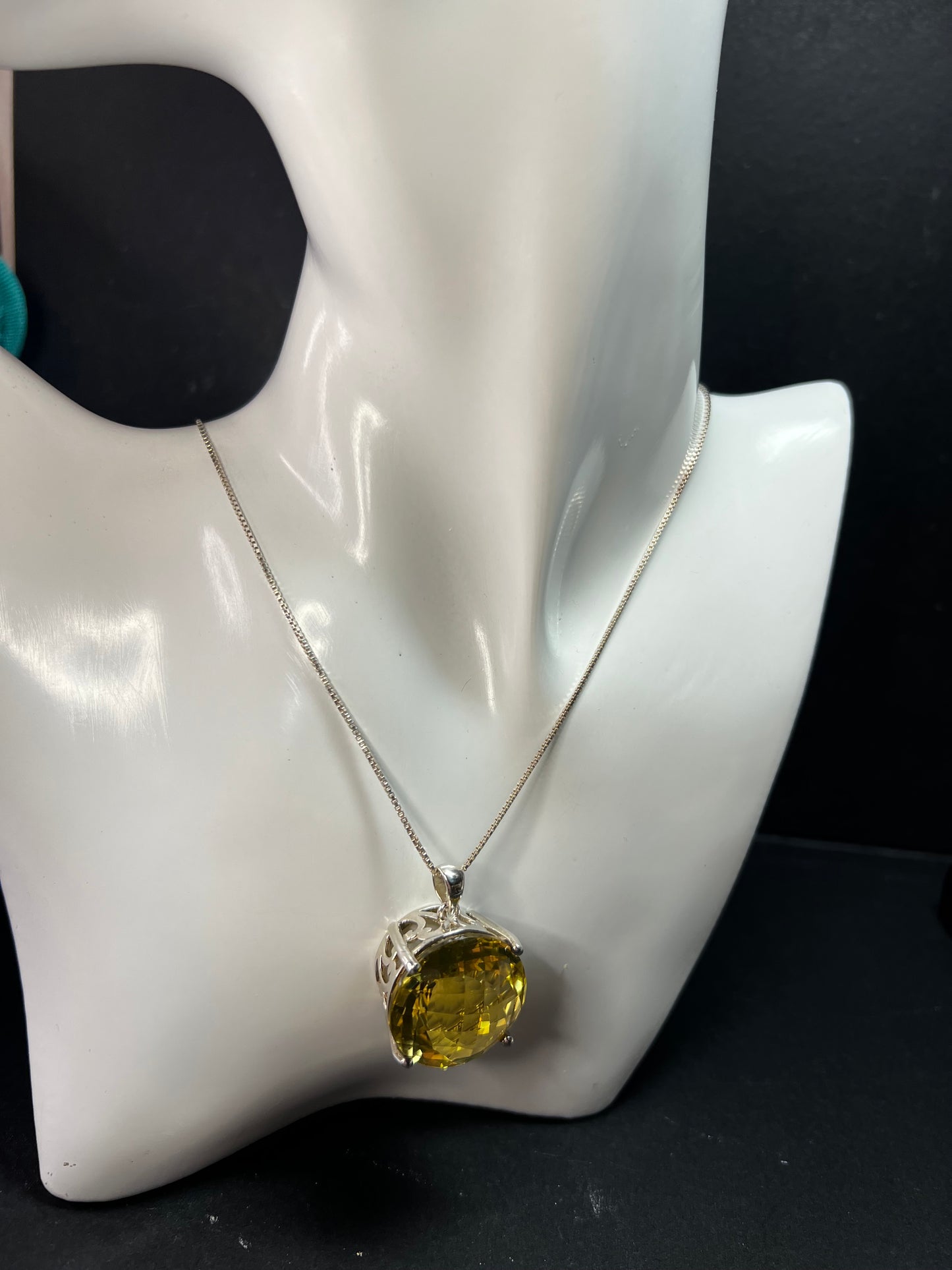 Huge Lemon Quartz Sterling Silver Statement Pendant Necklace 18” Chain
