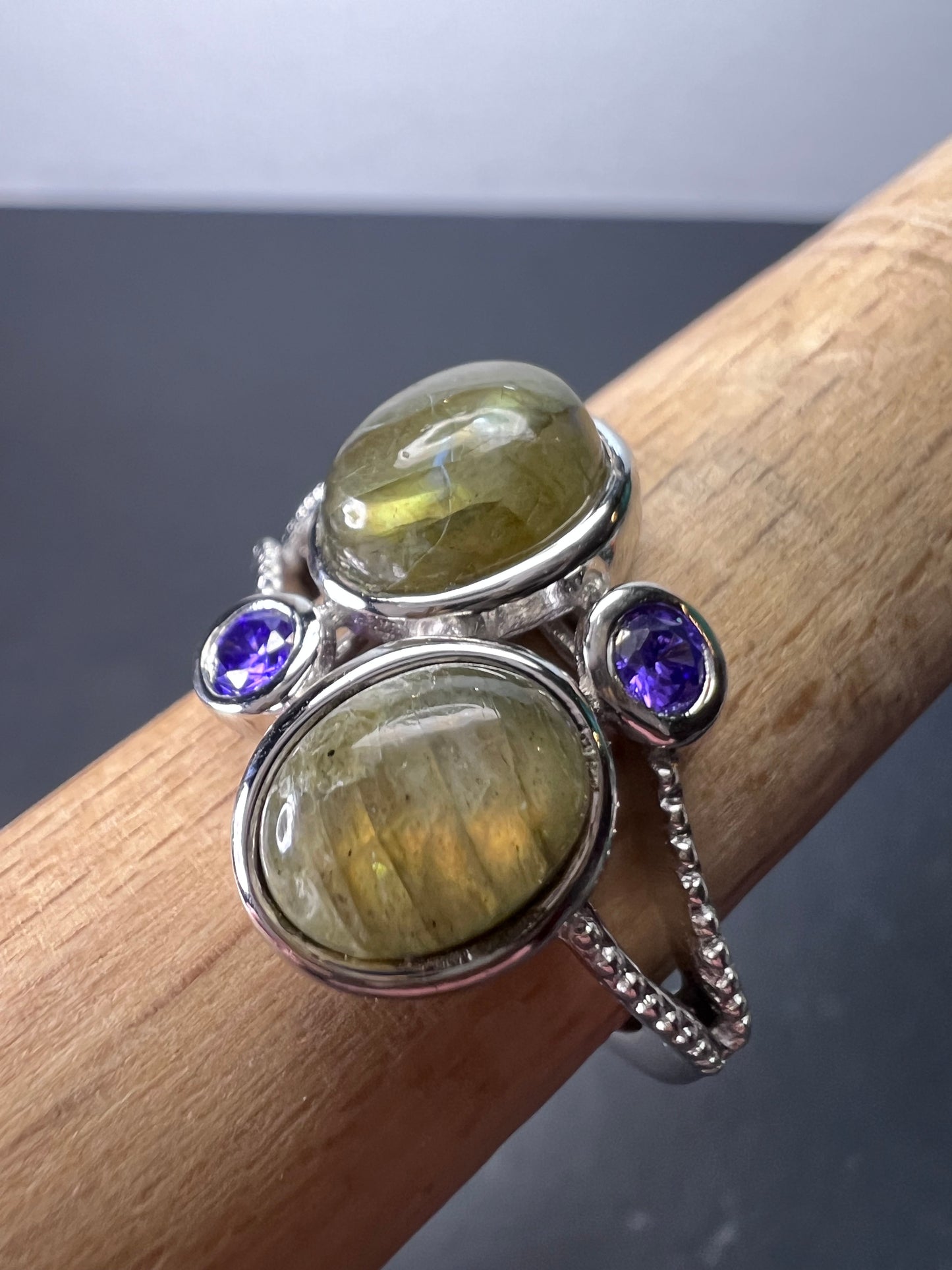 Labradorite and purple CZ sterling silver ring size 9