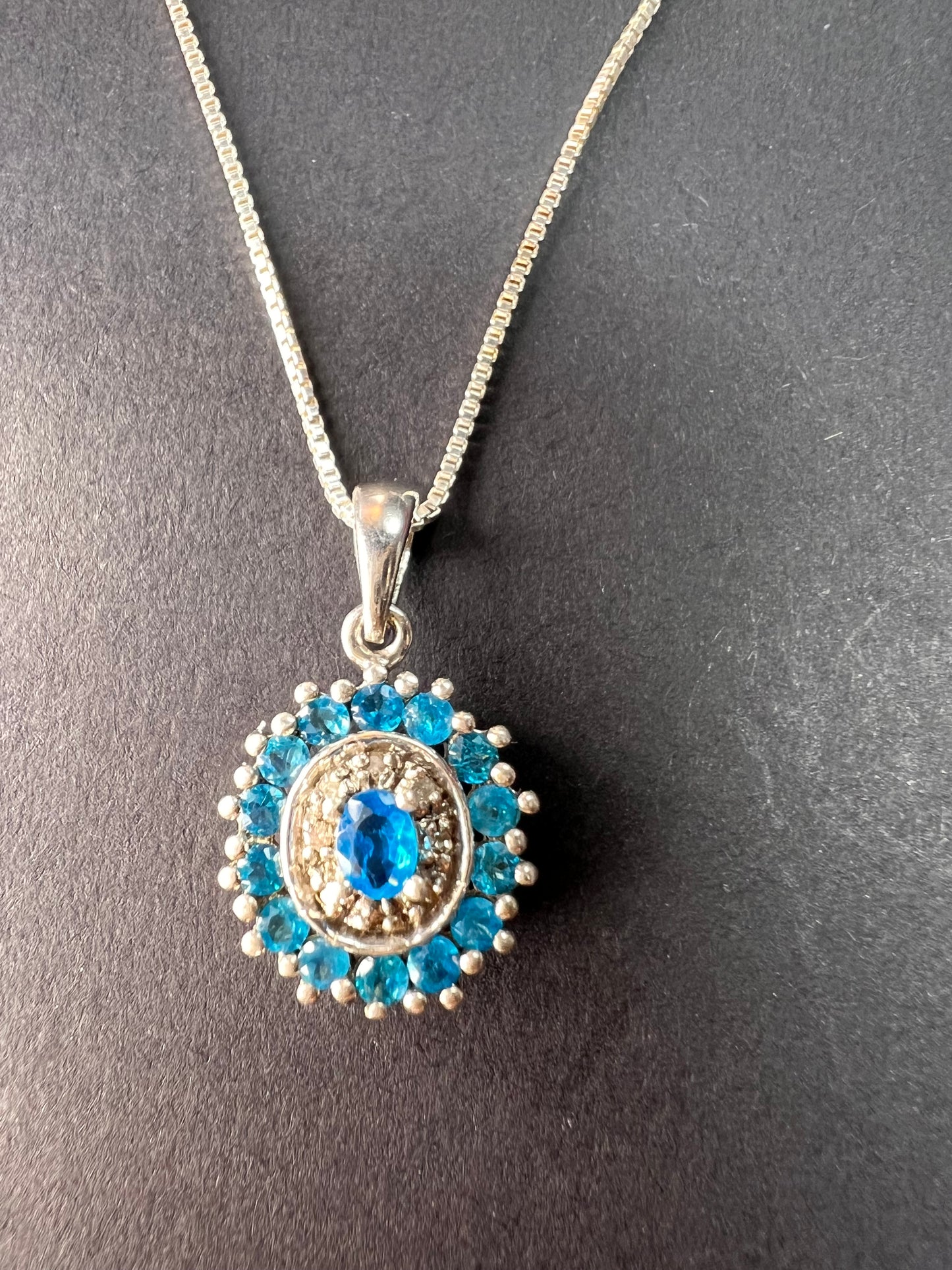 Vintage 925 Sterling Silver Blue Apatite & Diamond Halo Pendant Necklace