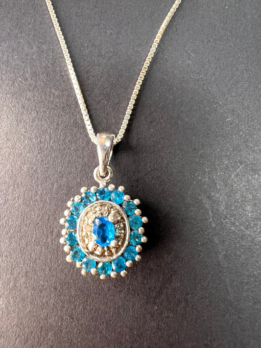 Vintage 925 Sterling Silver Blue Apatite & Diamond Halo Pendant Necklace