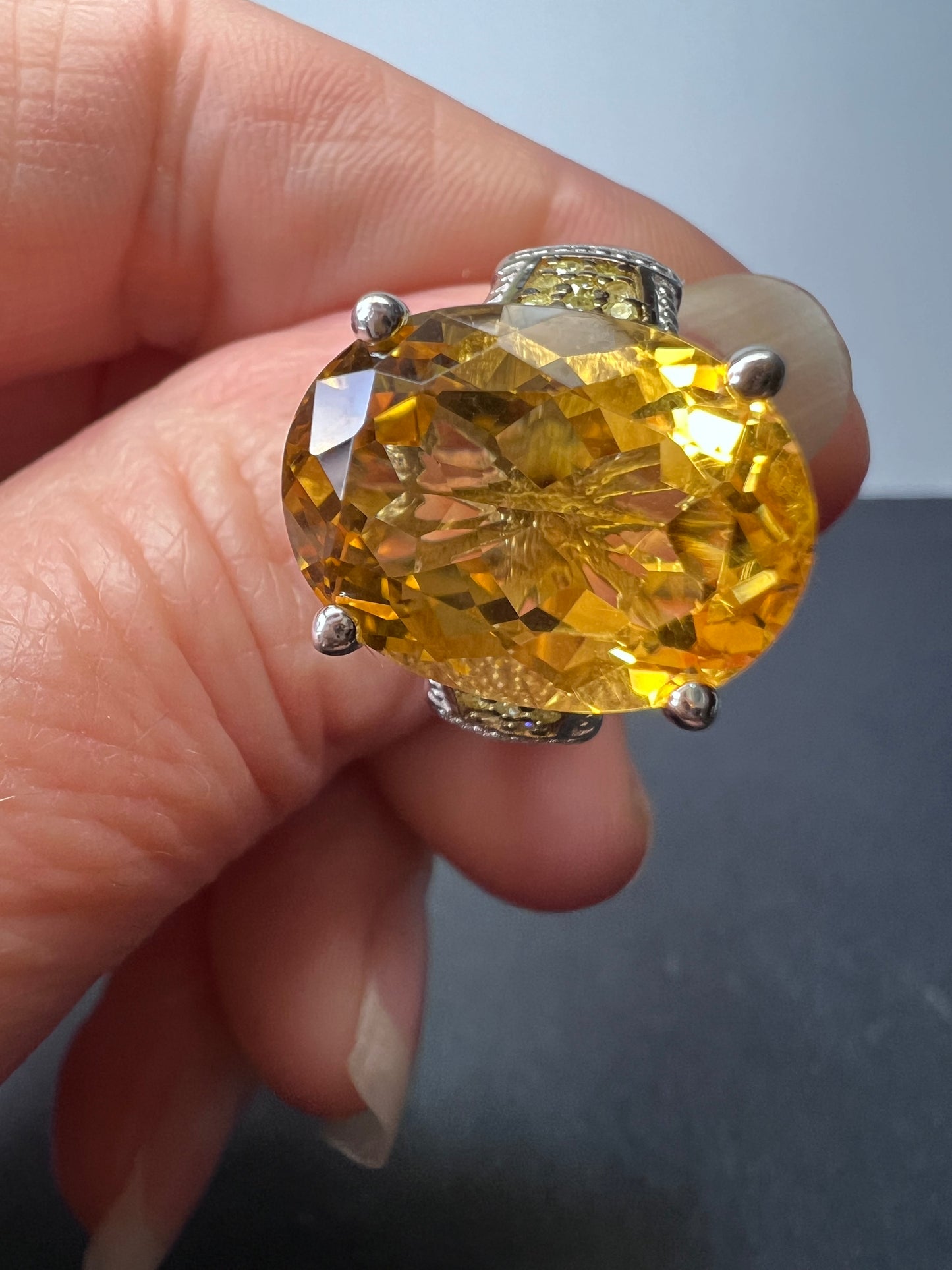 Citrine and yellow diamond ring in sterling silver size 10. 7.55 ctw