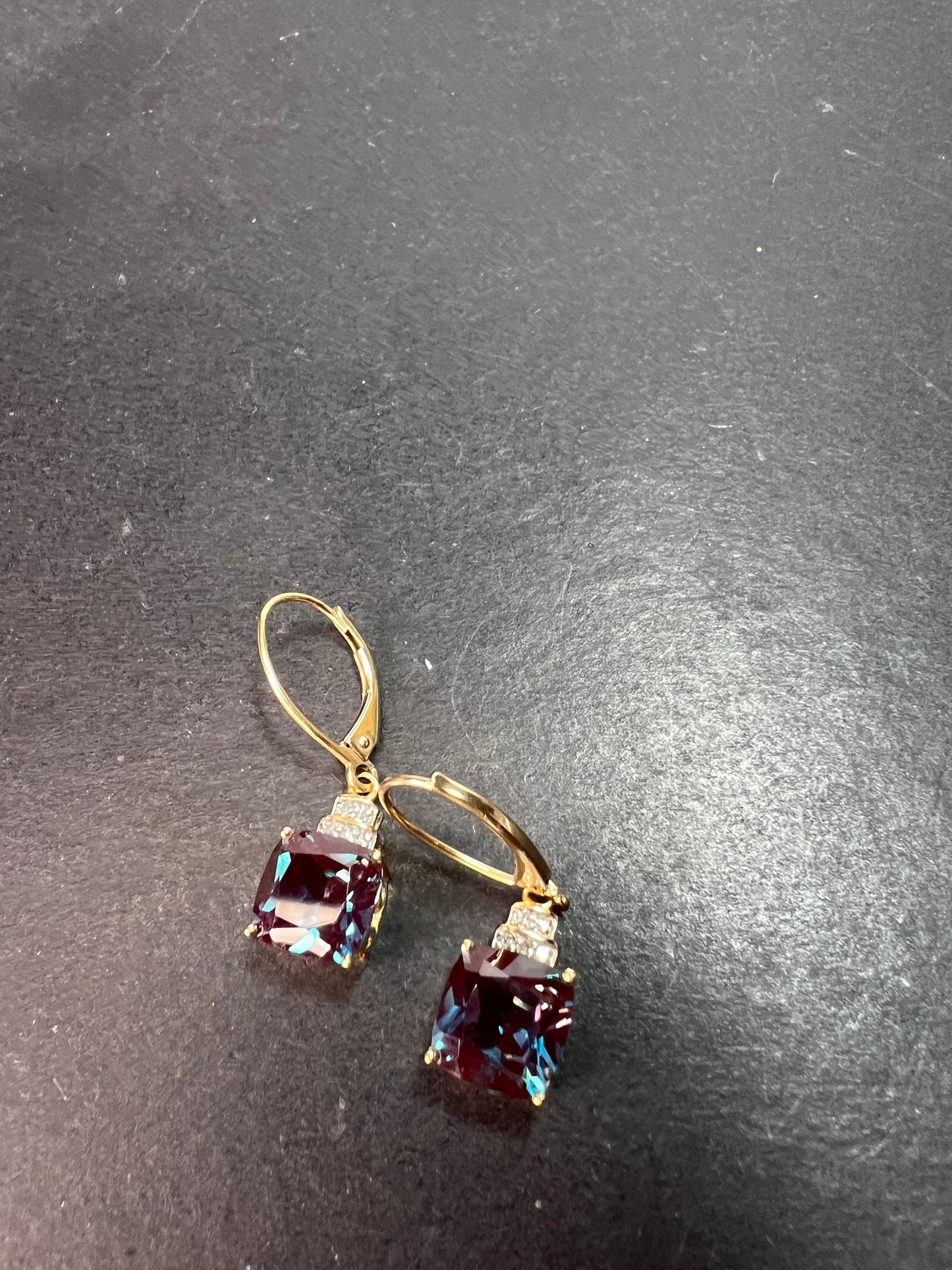 10k gold Lab alexandrite and diamond lever back earrings