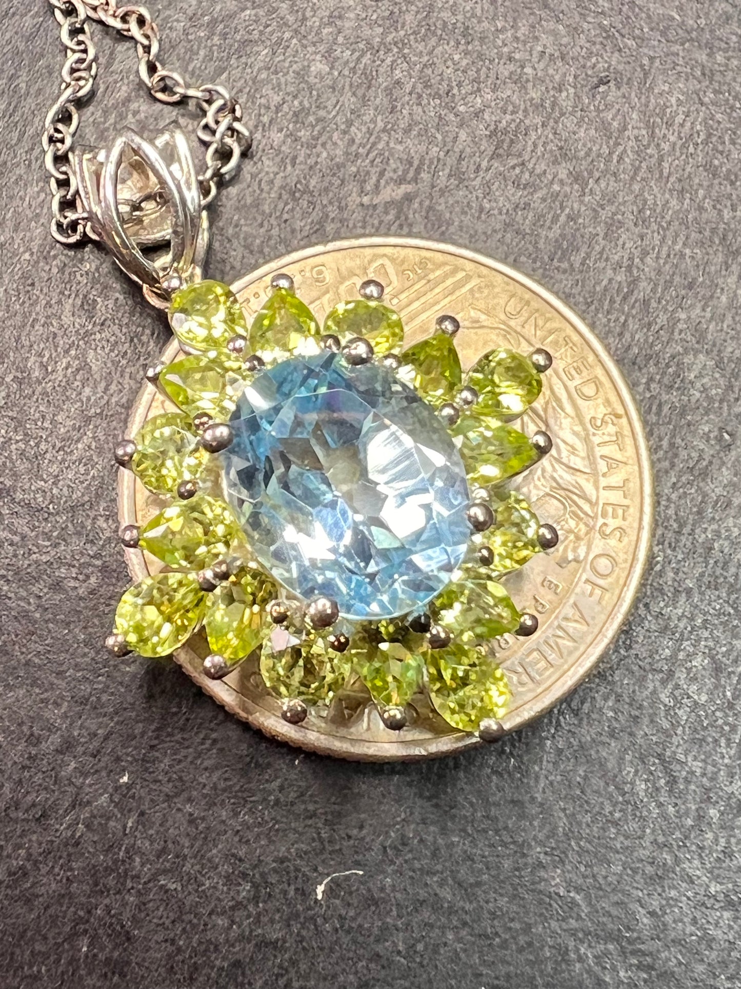 Vintage Blue Topaz & Peridot Sunburst Pendant Necklace – HT Sterling Silver