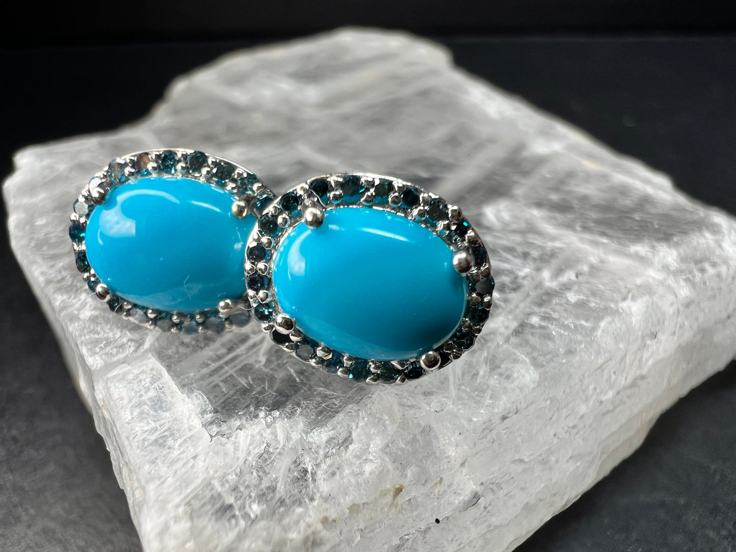 Turquoise & Blue Diamond Sterling Silver Halo Stud Earrings 925 Oval