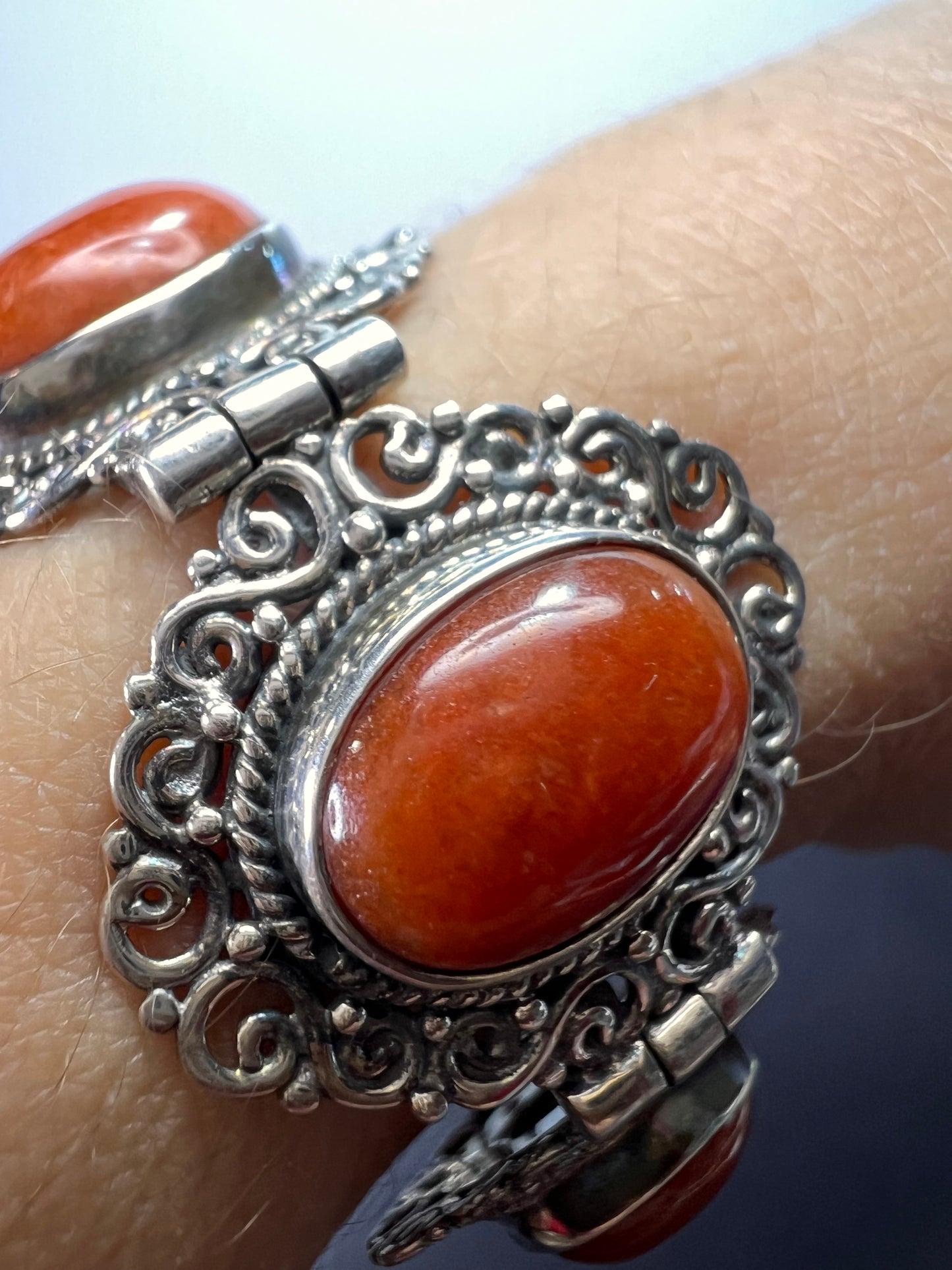 Red orange jade ornate sterling silver toggle bracelet