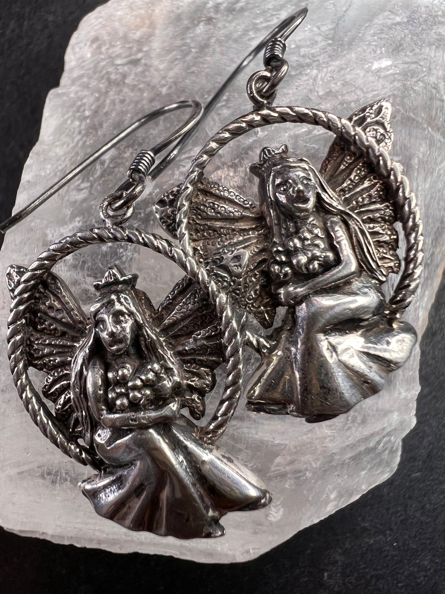 Vintage Sterling Silver Fairy Earrings • Detailed Wings & Floral Motif