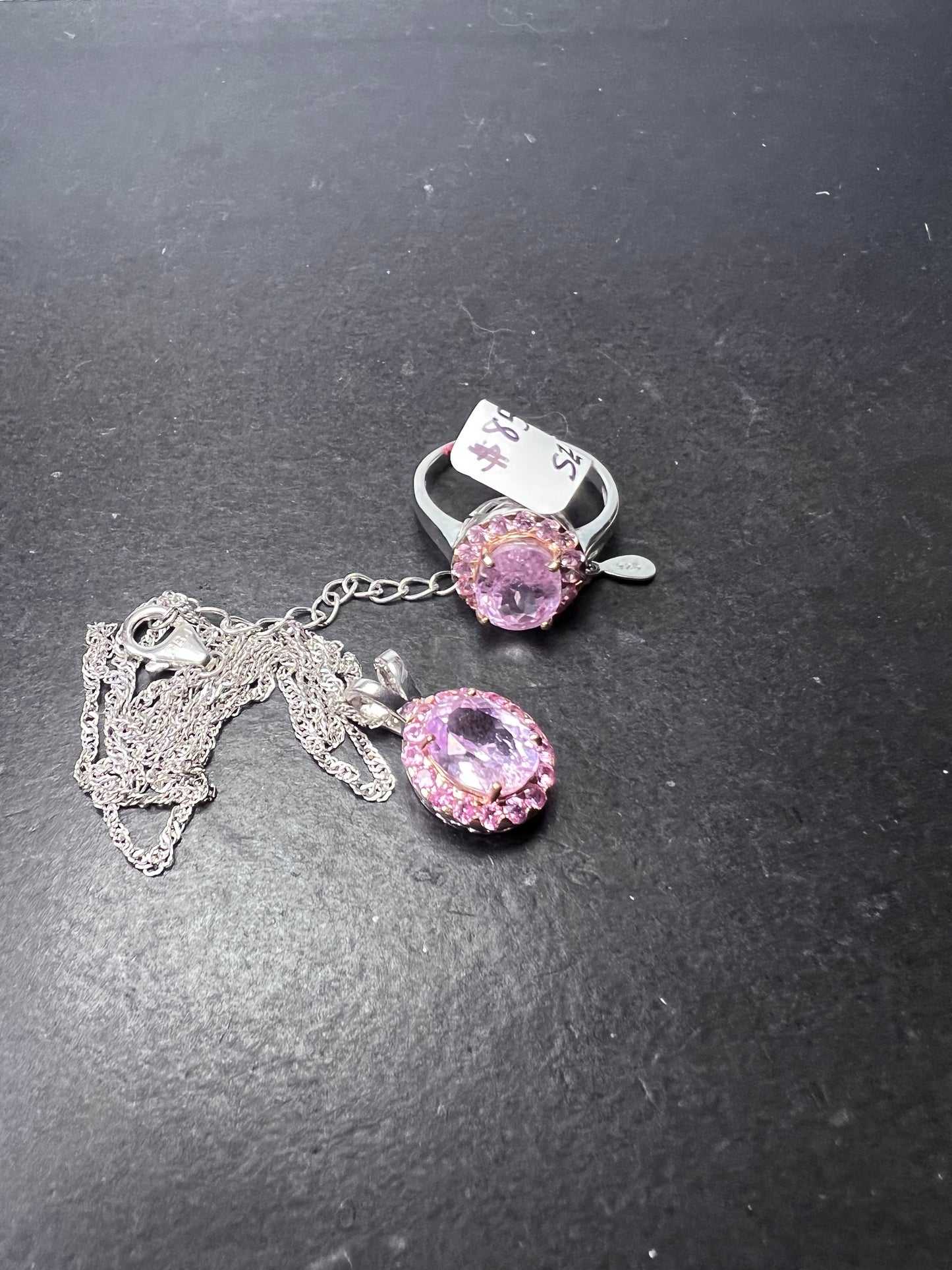 Kunzite and pink sapphire halo ring in sterling silver size 9