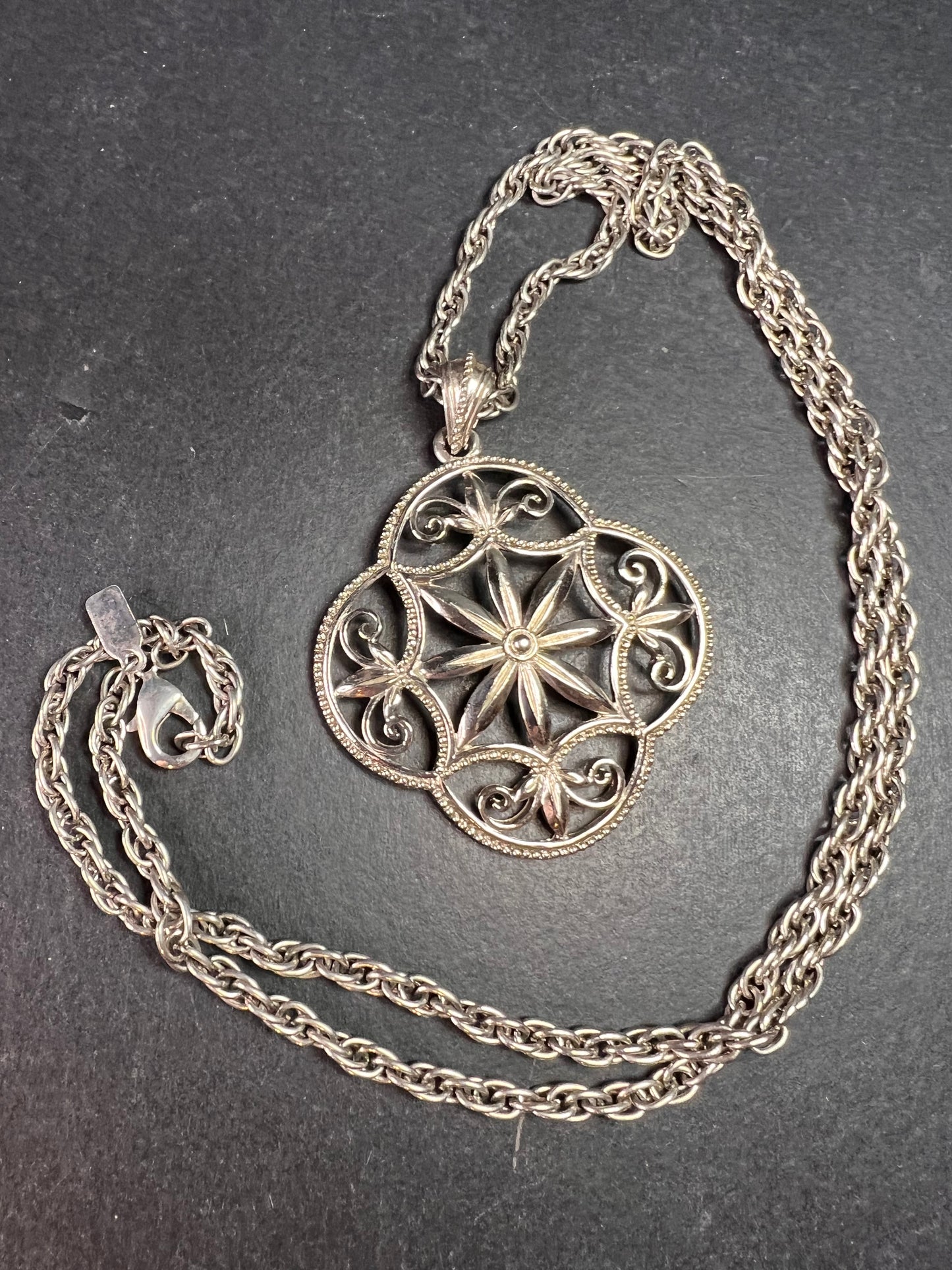 Vintage 1928 Silver Tone Filigree Medallion Rope Chain Necklace 28”