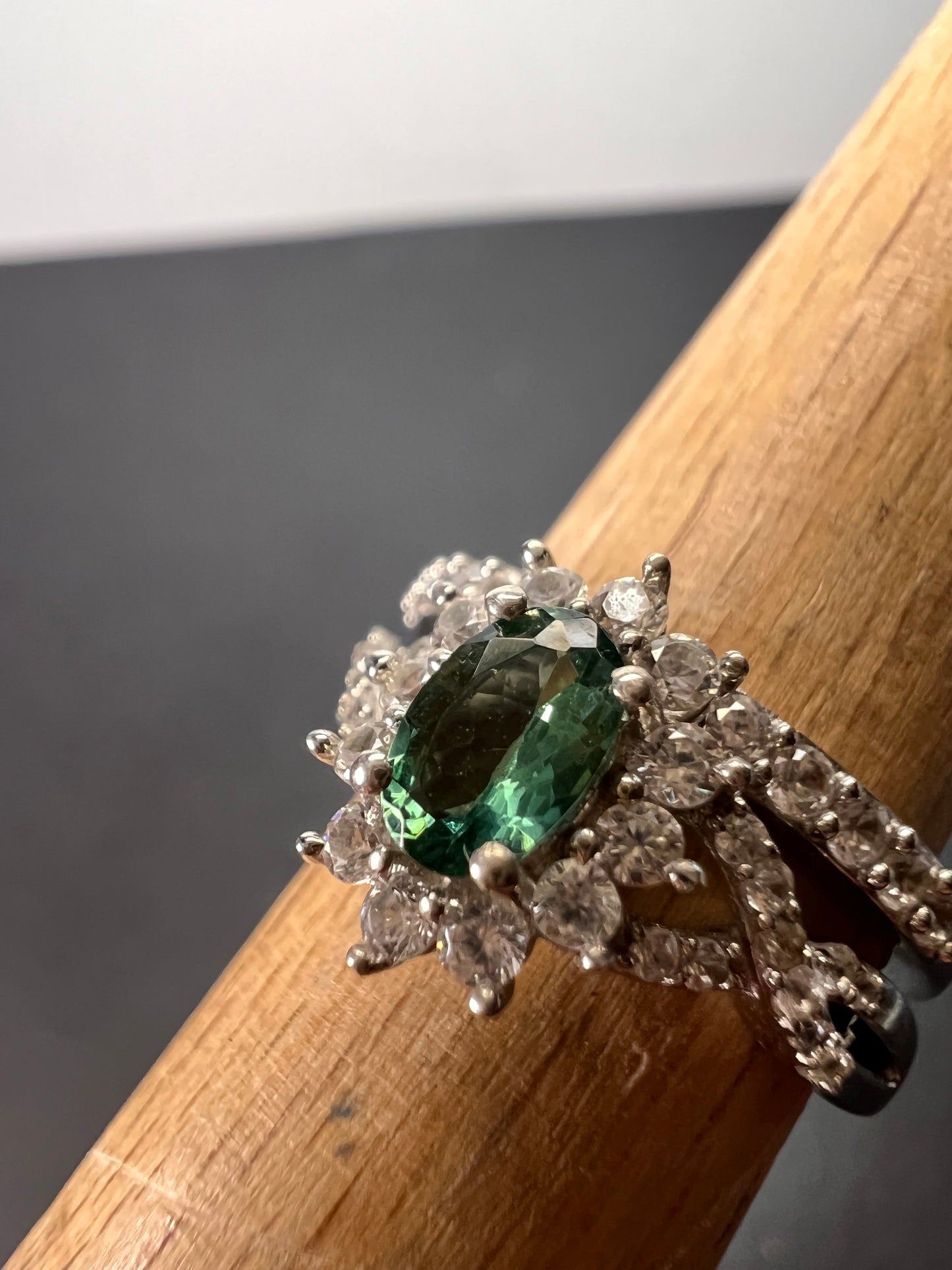 Indian Ocean apatite and zircon ring set in platinum over sterling silver size 5