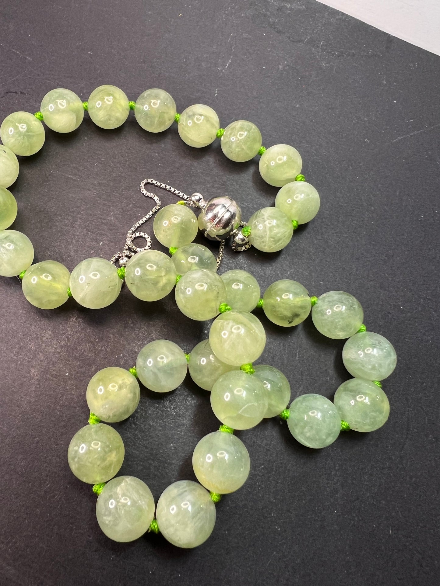 Prehnite knotted sterling silver bolo necklace