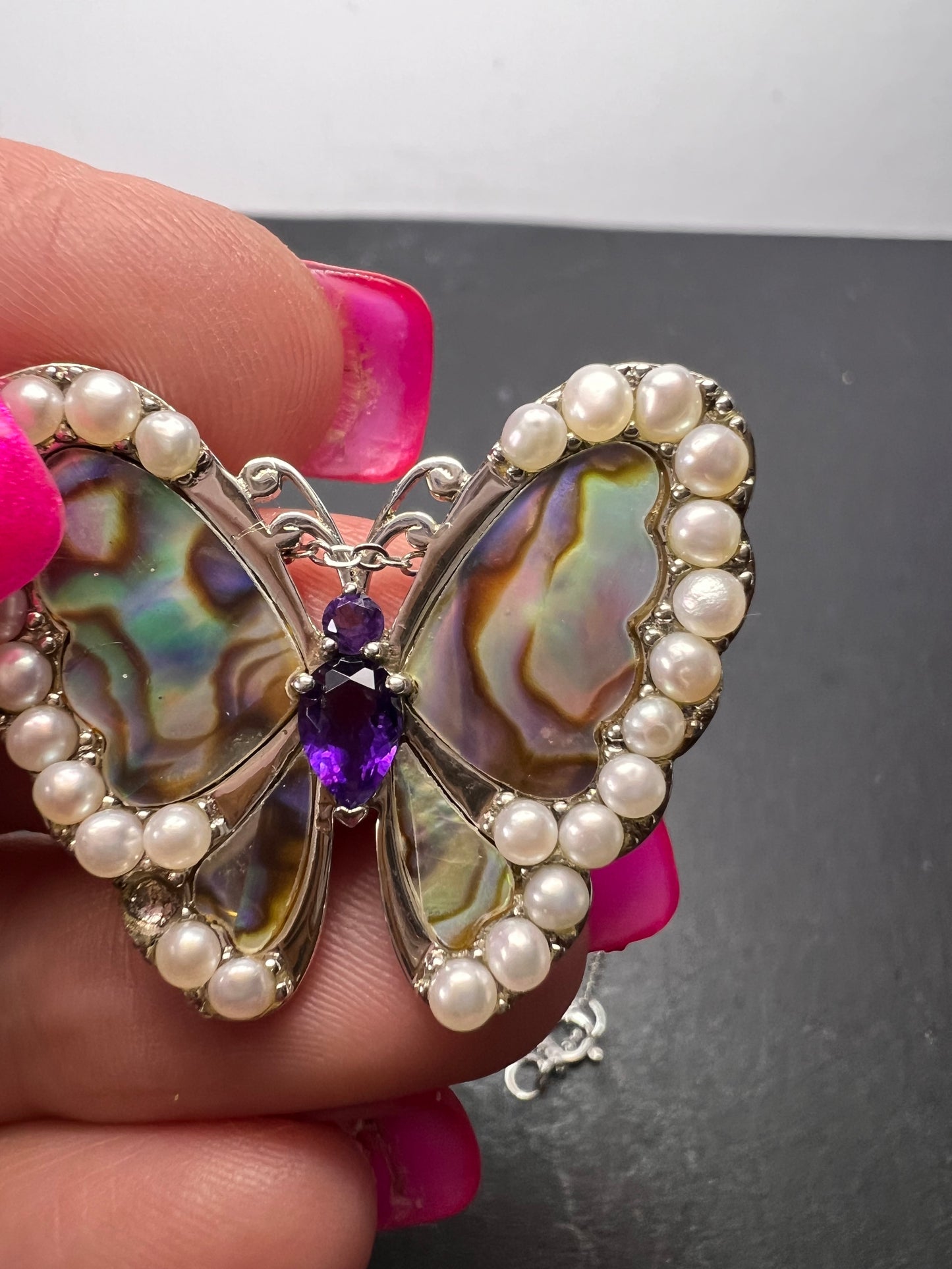 Abalone, amethyst and pearl butterfly sterling silver necklace