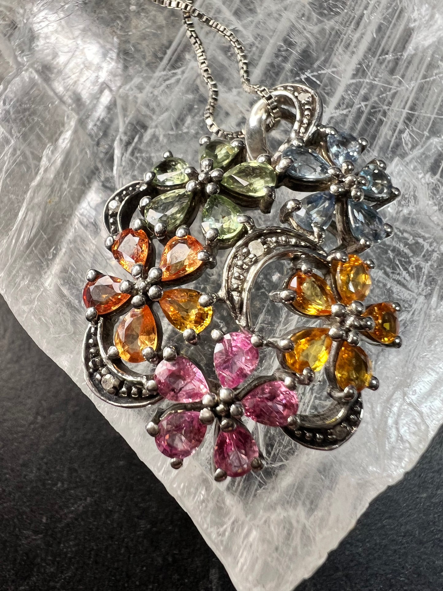 Vintage Sterling Silver Multi Sapphire & Diamond Flower Pendant