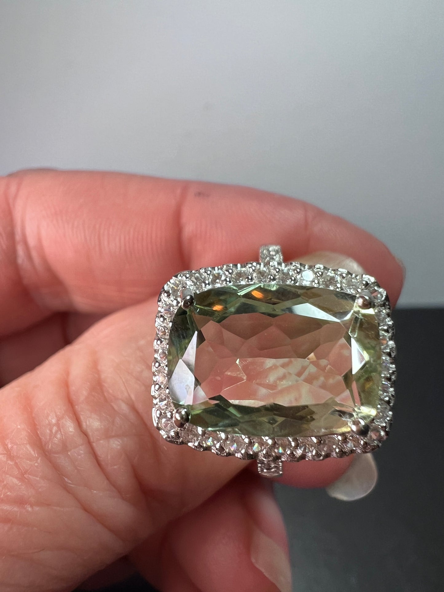 Cushion cut Prasiolite cocktail halo ring size 9