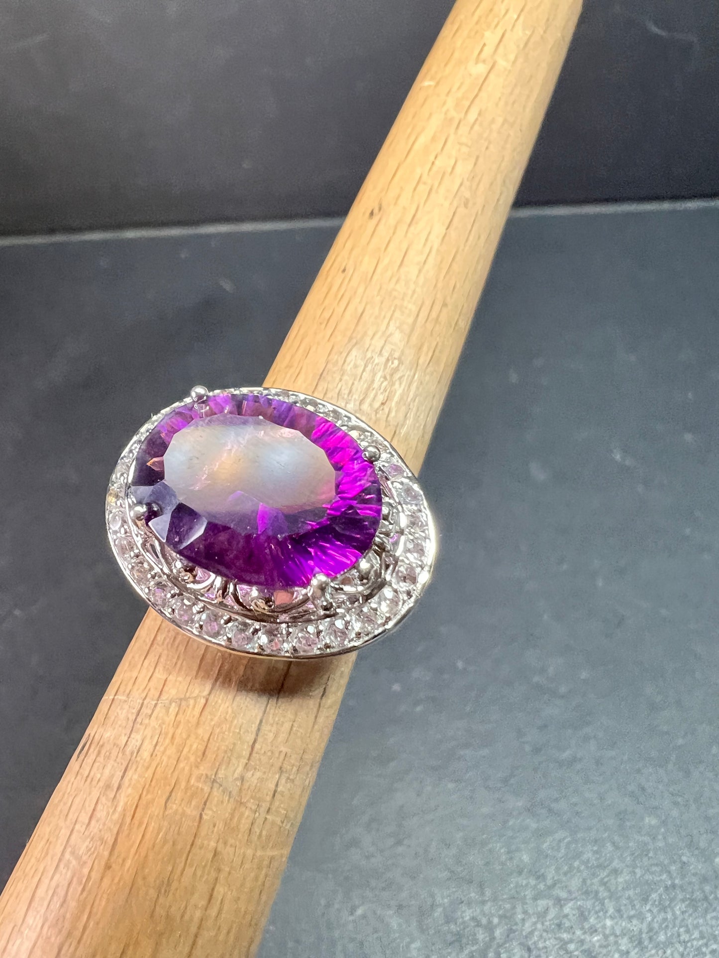 Sterling Silver Purple Fluorite & White Topaz Halo Ring Size 6