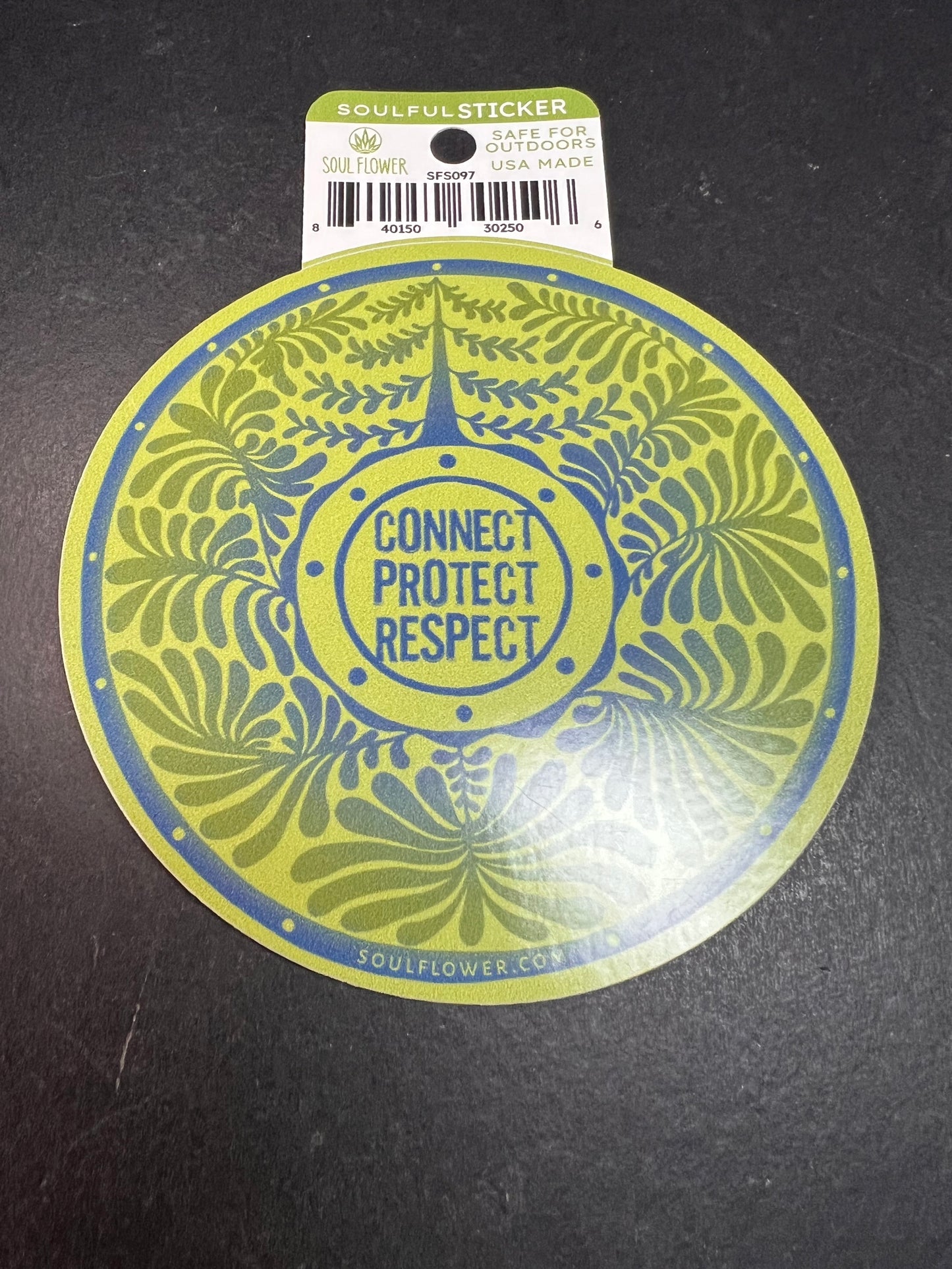 Soul Flower “Connect Protect Respect” Round Sticker – Eco Outdoor Decal
