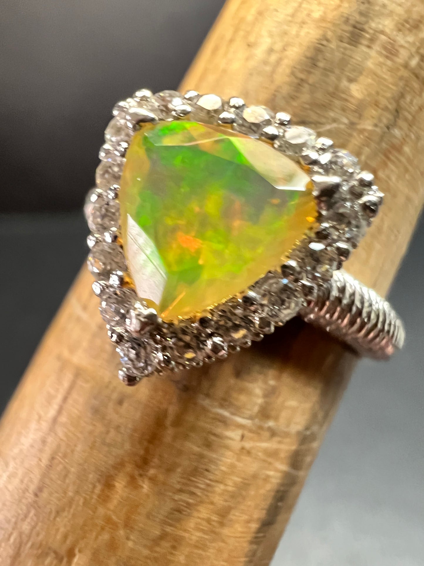 Ethiopian Opal Halo Ring Sterling Silver Size 7 Trillion Cut