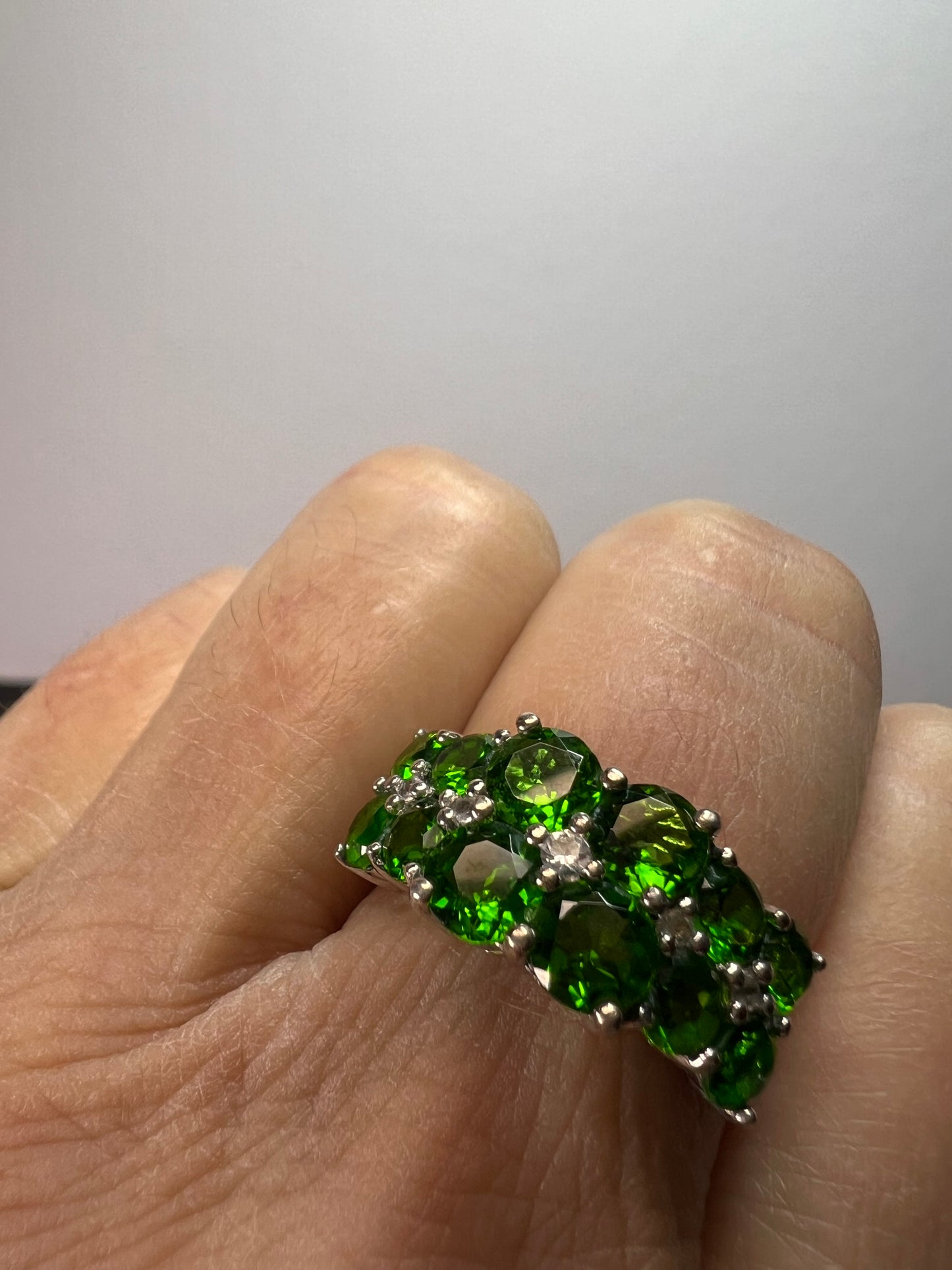 Chrome diopside and white topaz ring in rhodium over sterling silver size 8