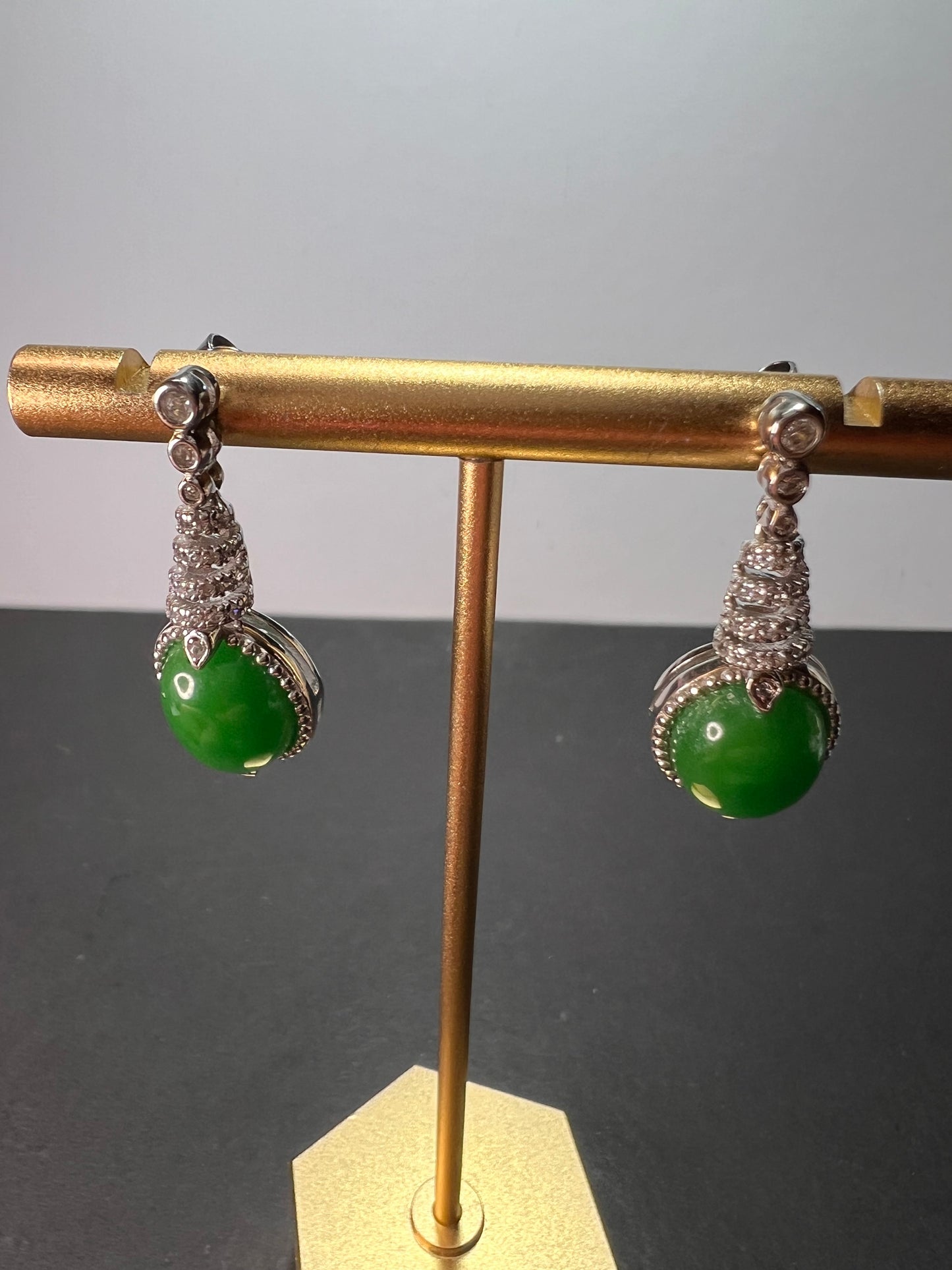 Green jade spiral drop sterling earrings