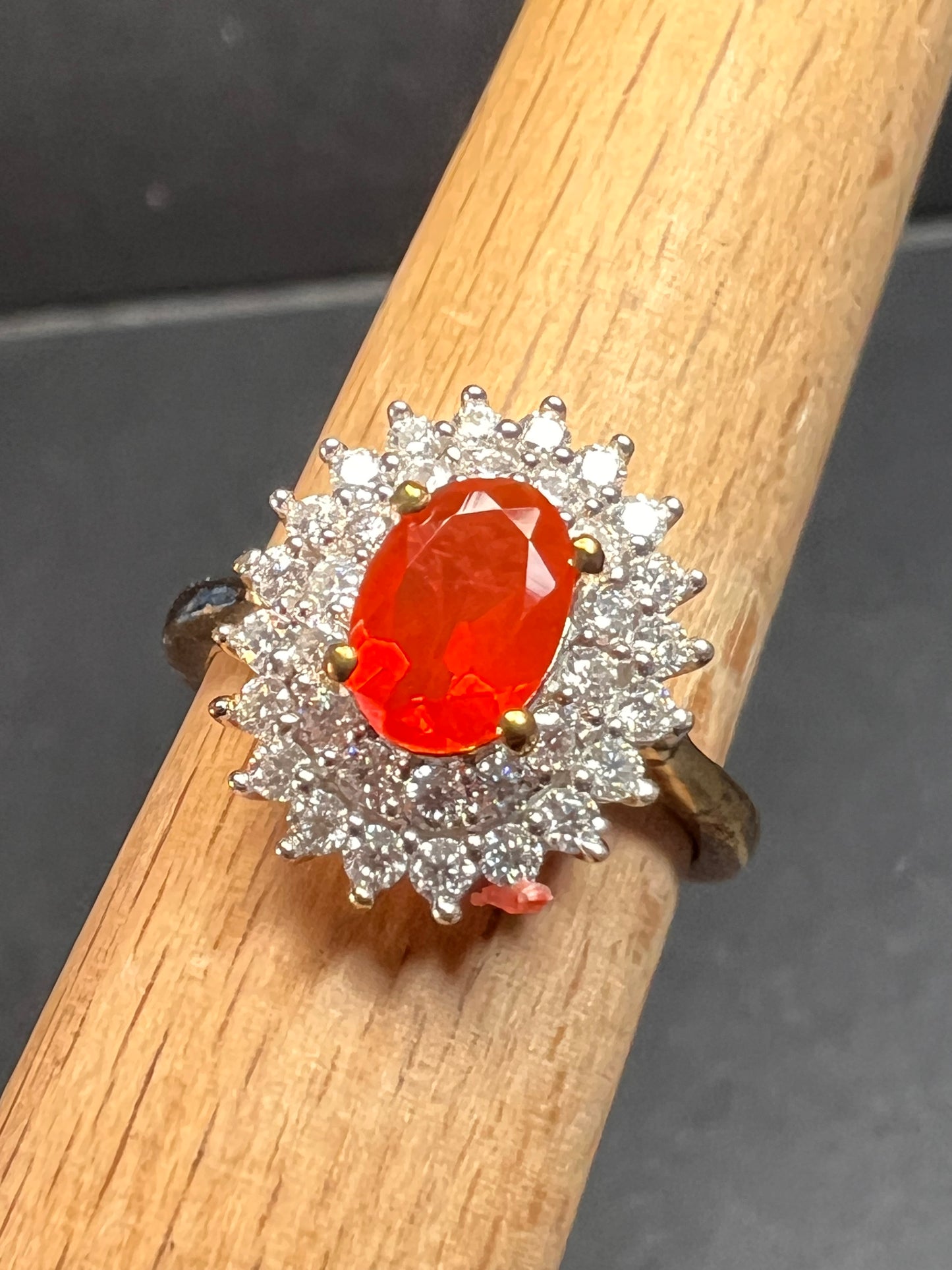 NEW Mexican Cherry fire opal and moissanite double halo ring in vermeil yellow gold over sterling silver size 5