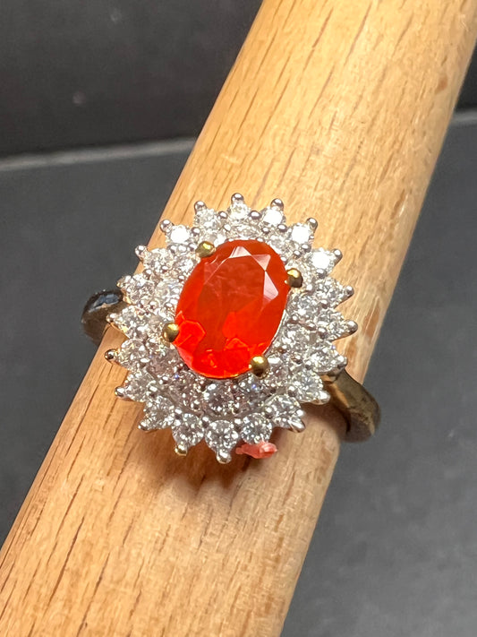 NEW Mexican Cherry fire opal and moissanite double halo ring in vermeil yellow gold over sterling silver size 5