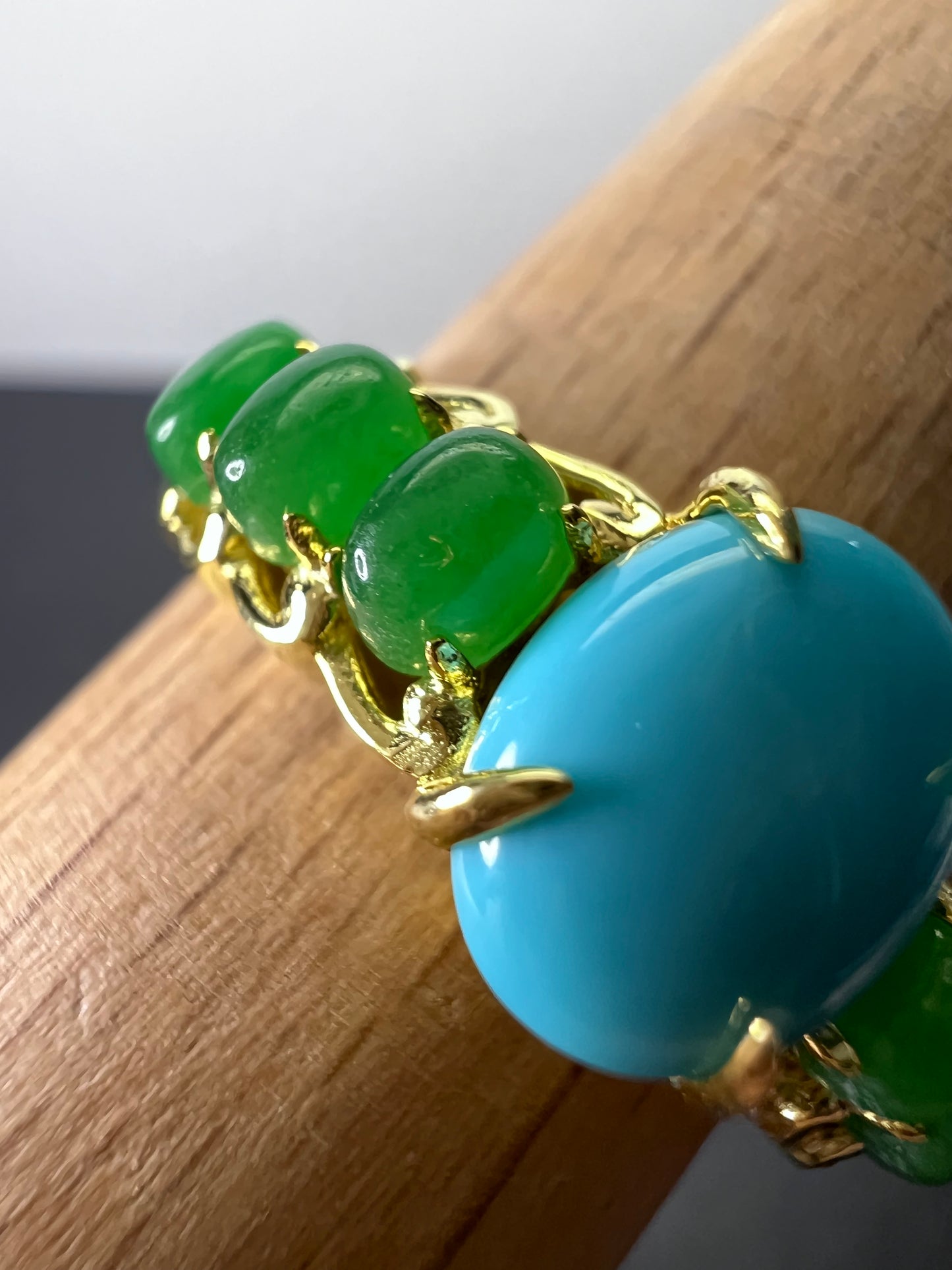 Sleeping Beauty turquoise and green jade 14k gold over silver ring size 9