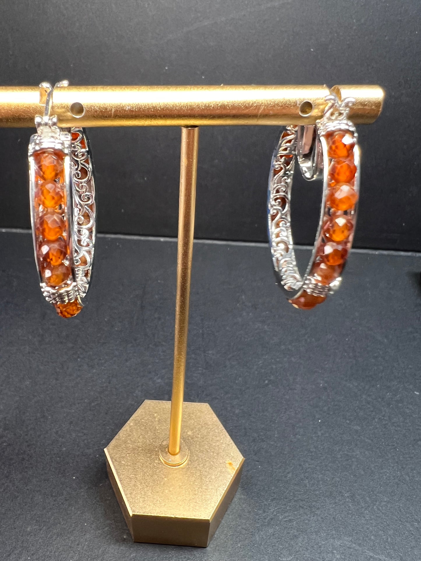 NEW Hessonite garnet hoop earrings in platinum over brass