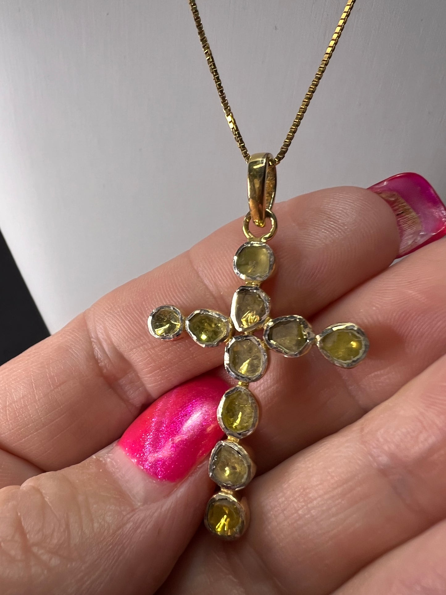 Yellow polki diamond cross pendant and chain in gold over sterling silver