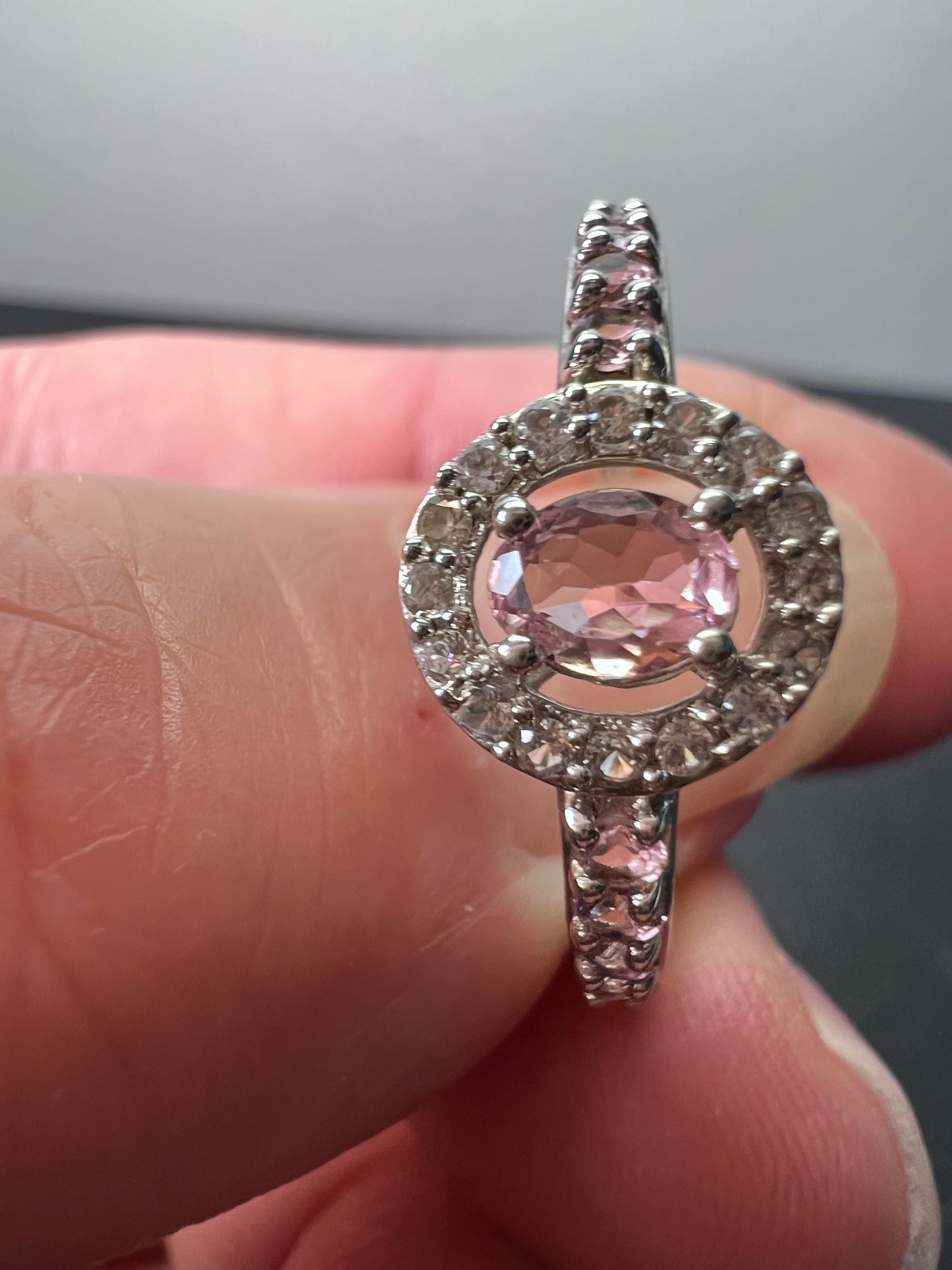 Pink tourmaline and white zircon sterling silver halo ring size 9