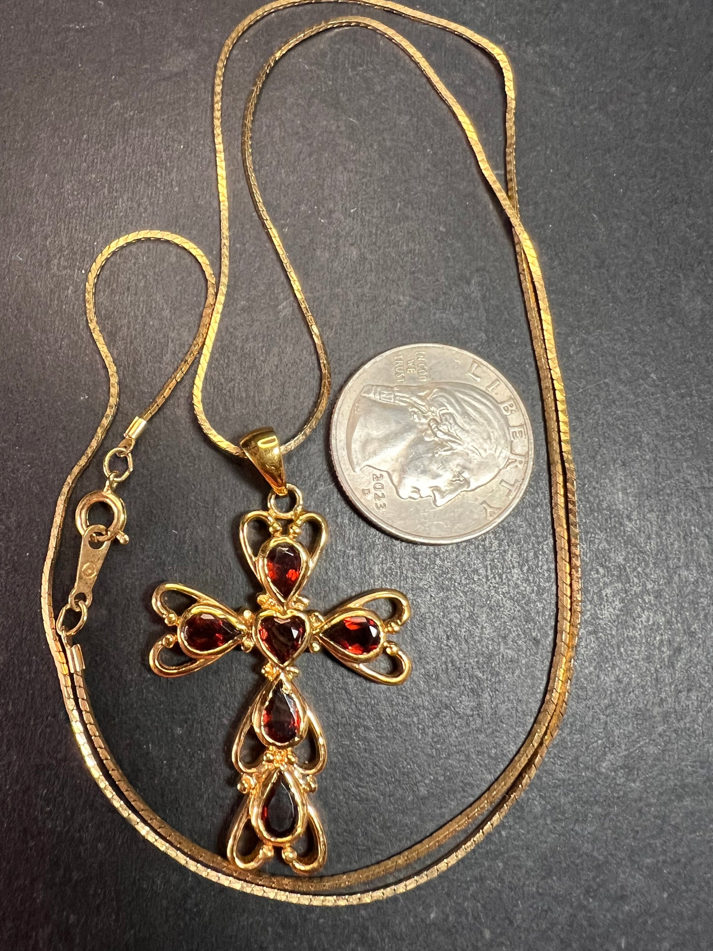 Vintage SETA Garnet Cross Pendant Necklace Gold Tone 24”