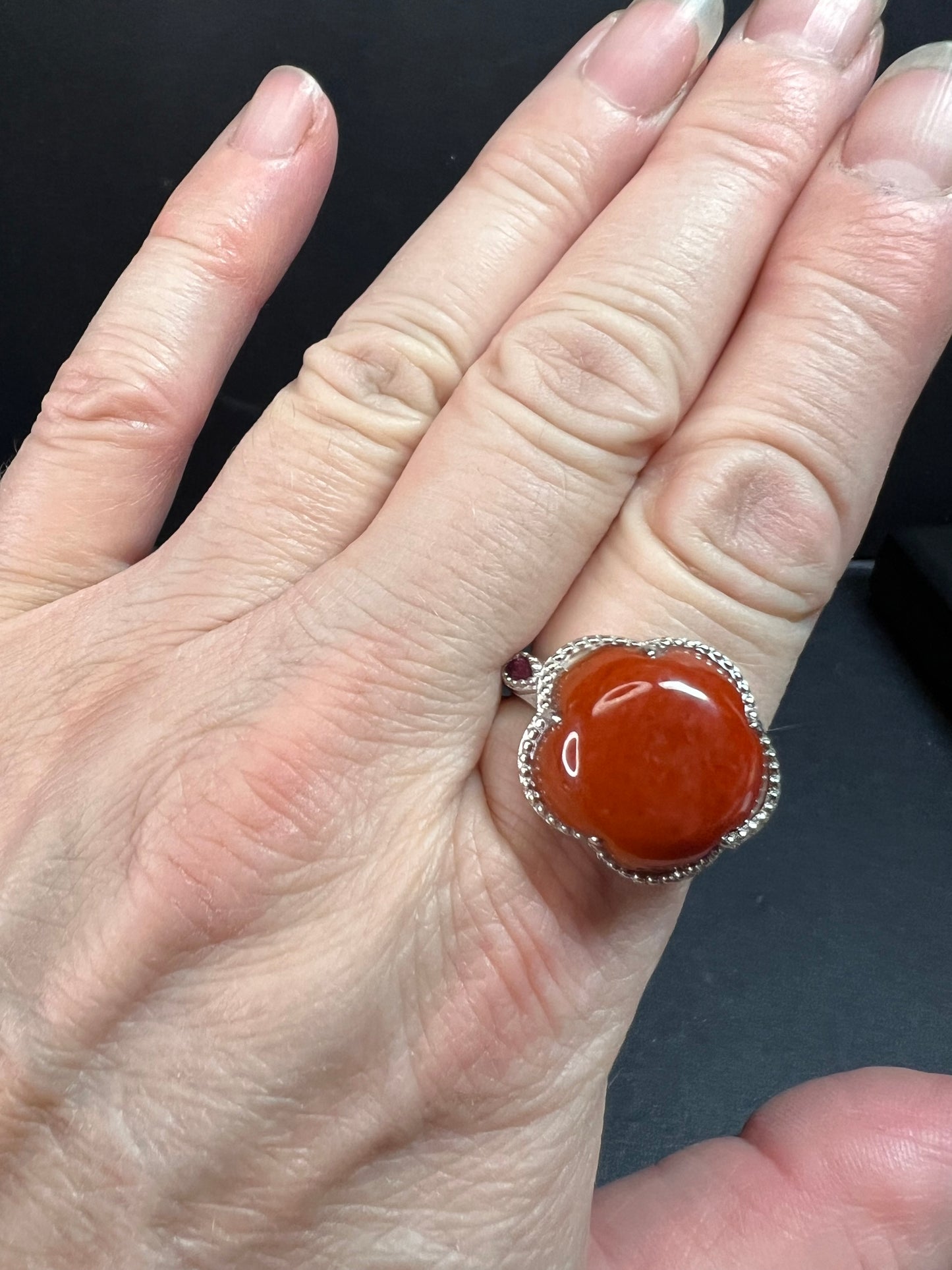 NEW cherry red jade and ruby blossom ring in rhodium over sterling silver size 9