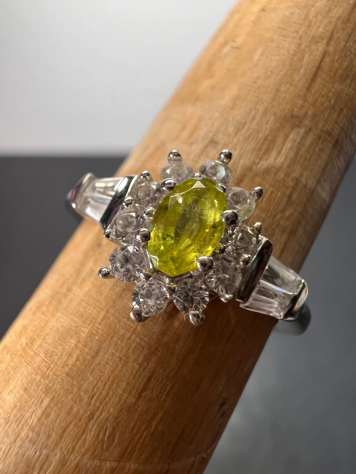 Sphene halo ring in rhodium over sterling silver size 5 *NEW*