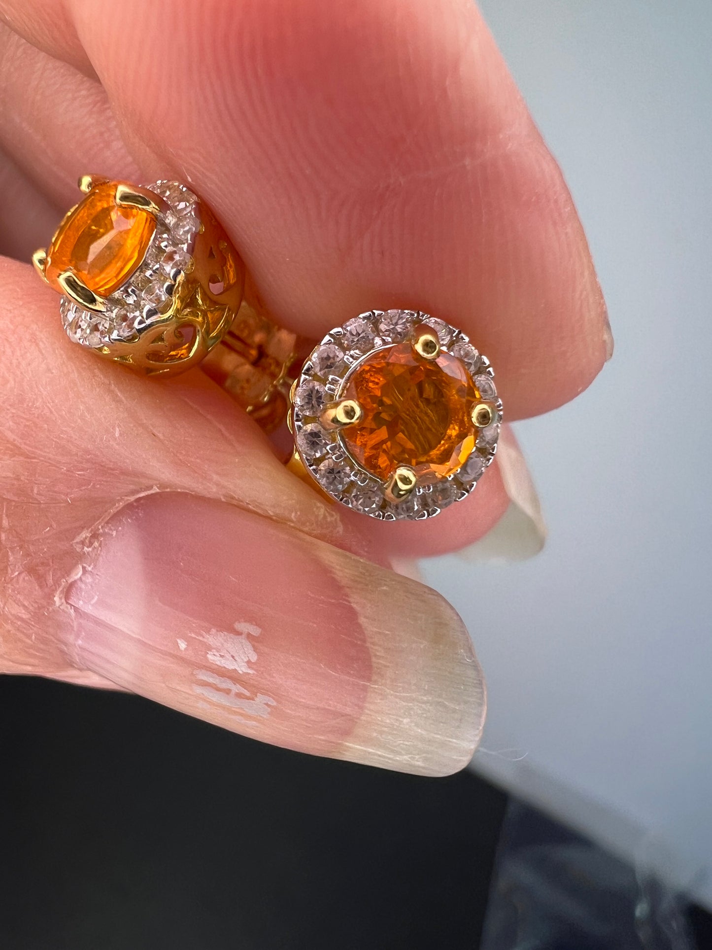 Round Orange Mexican Fire Opal 18k Yellow Gold Over Sterling Silver Halo Stud Earrings 1.01ctw