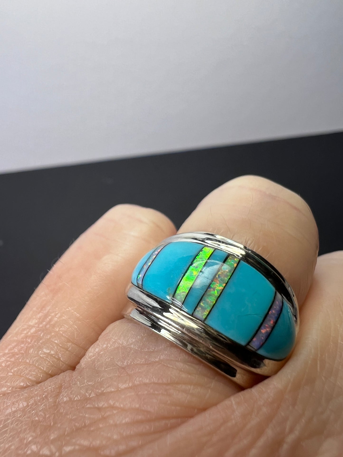 Turquoise lab opal sterling size ring size 7.5