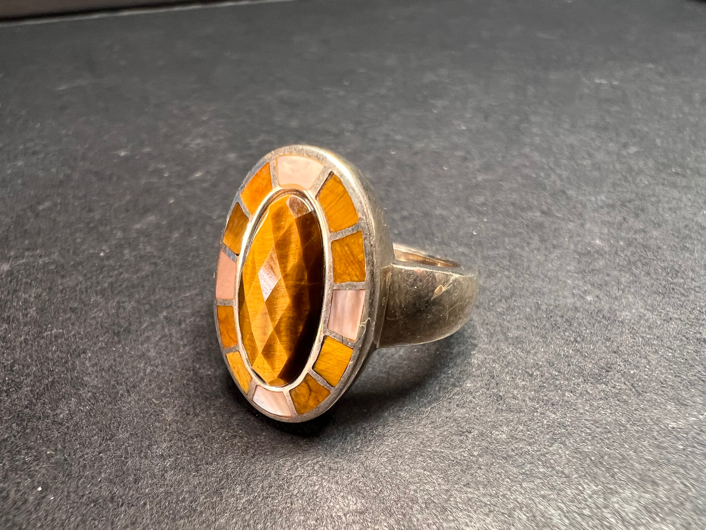 Whitney Kelly tigers eye and mother of pearl sterling silver ring size 7