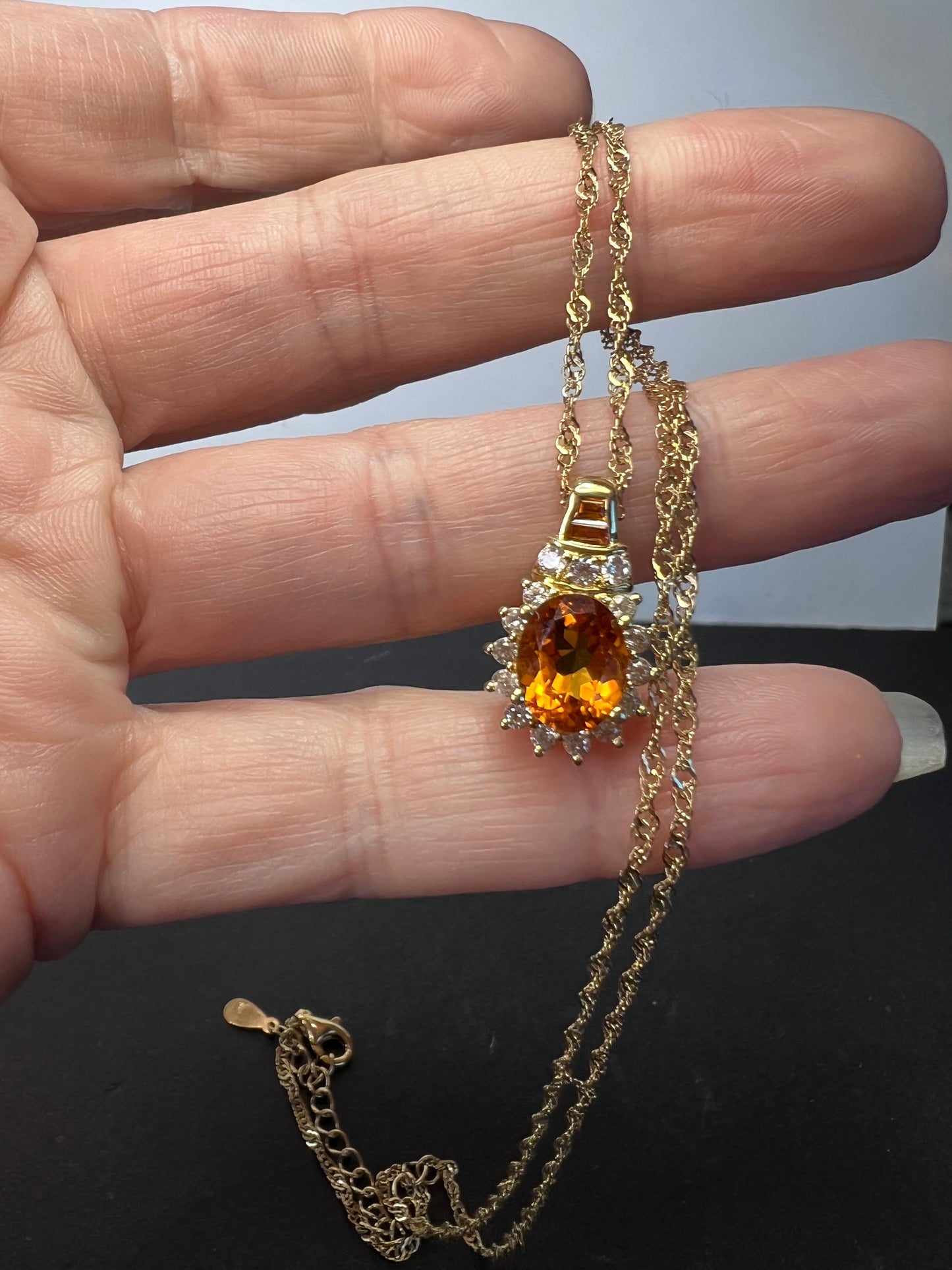 Mandarin citrine and white topaz halo pendant necklace in 14k gold over sterling silver