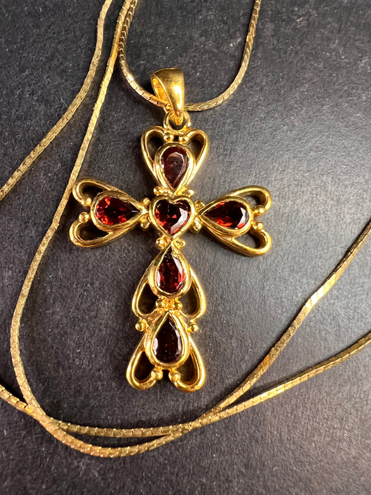 Vintage SETA Garnet Cross Pendant Necklace Gold Tone 24”