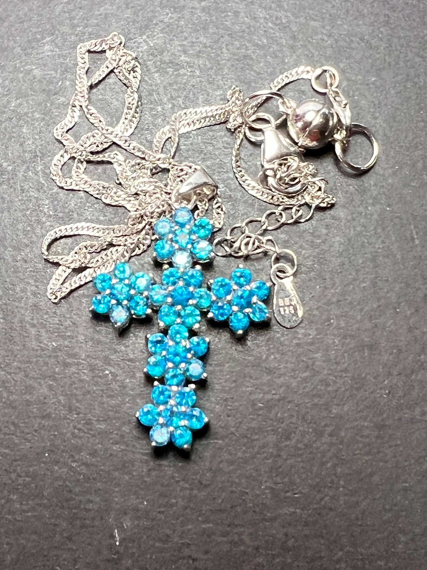 Blue Apatite Rhodium Over Sterling Silver Cross Pendant With Chain 3.25ctw