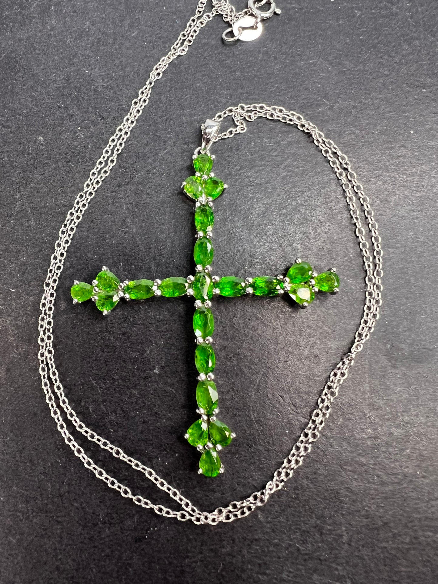 Chrome diopside cross pendant and chain in sterling silver