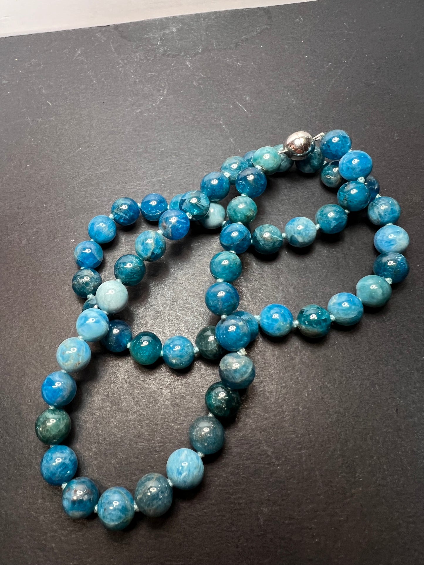 Blue apatite 8 mm knotted necklace