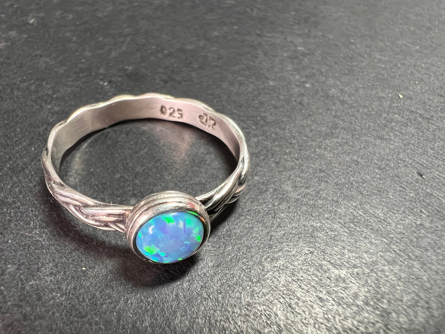 Sterling Silver Braided Band Ring with Lab Opal – Size 9