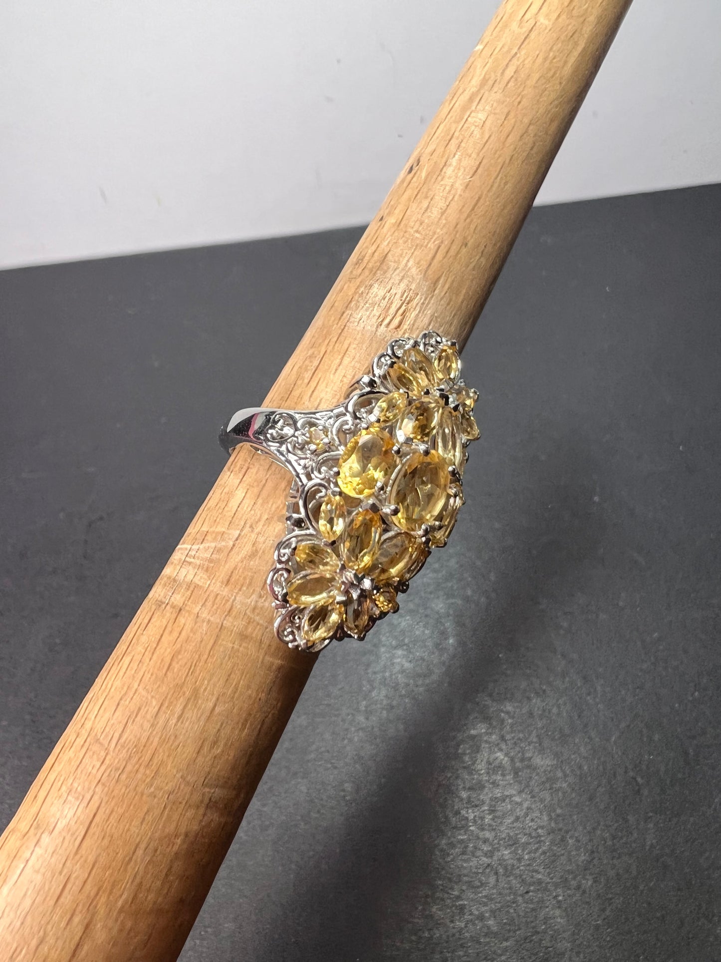 Brazilian citrine floral ring in platinum over sterling silver size 6 *NEW*