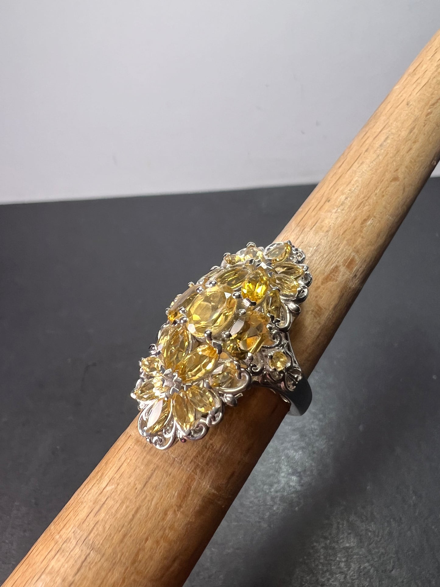 Brazilian citrine floral ring in platinum over sterling silver size 6 *NEW*