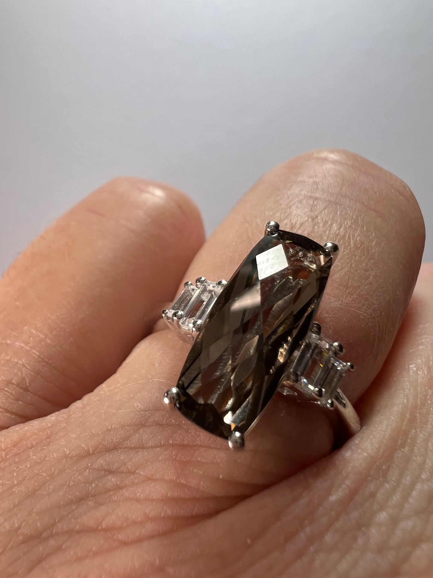 Brown Smoky Quartz With White Zircon Rhodium Over Sterling Silver Ring 3.33ctw size 7 *NEW*