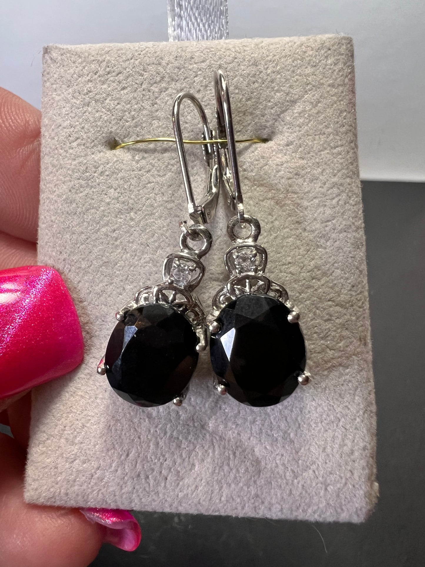 Black spinel lever back Sterling earrings