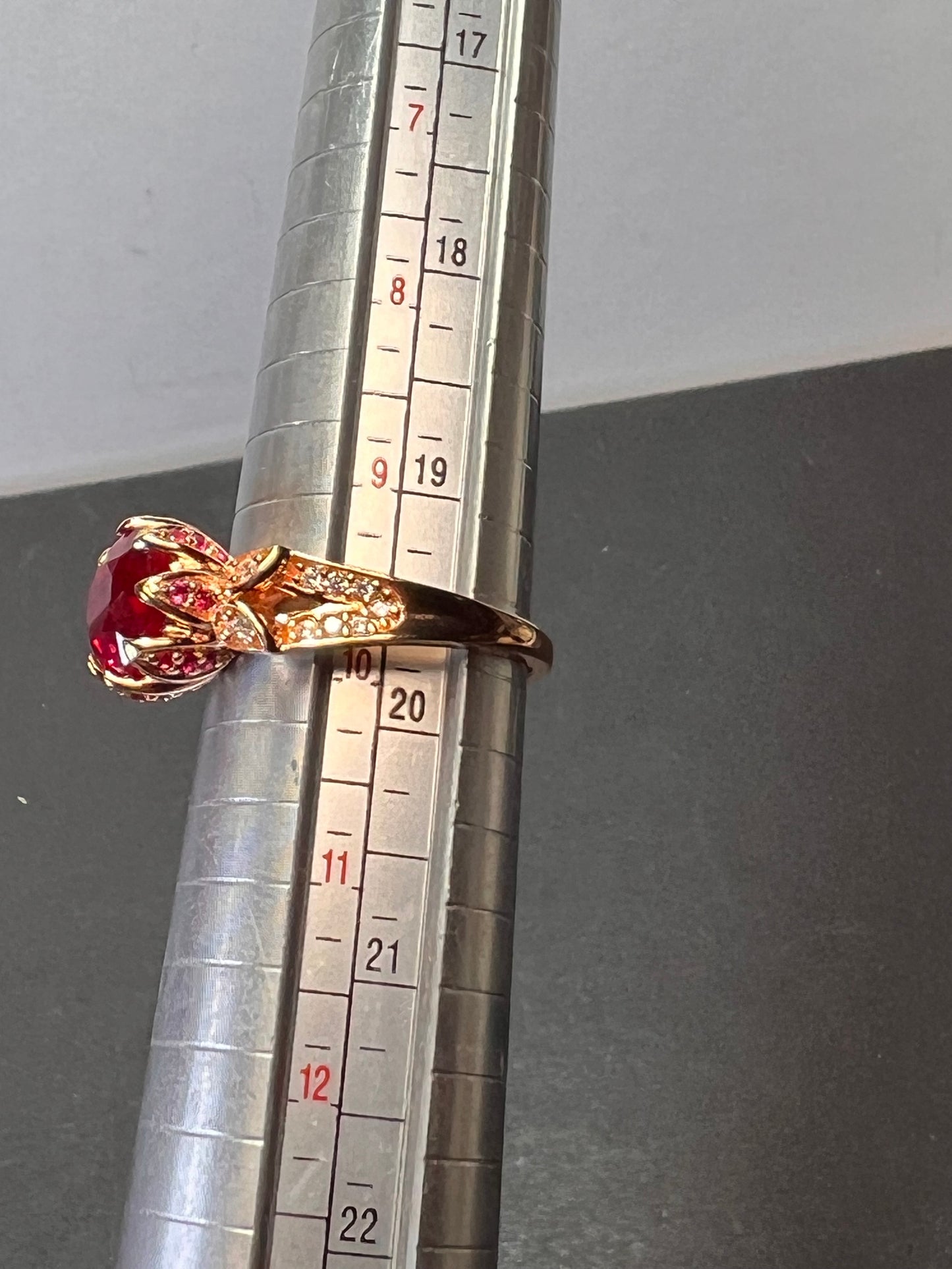 Lab Ruby and pink sapphire rose gold over sterling statement ring size 10