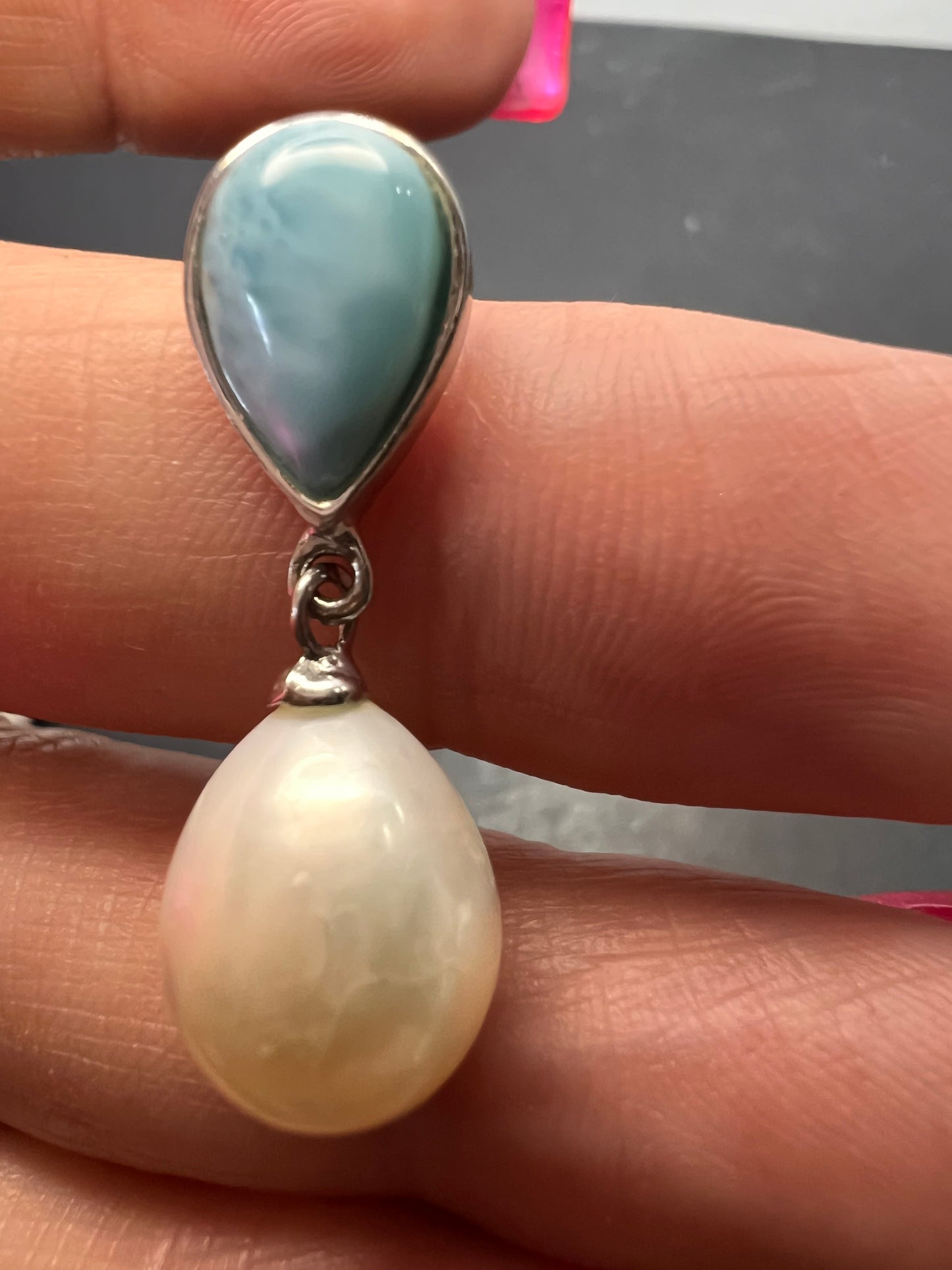 Larimar and pearl sterling silver teardrop earrings