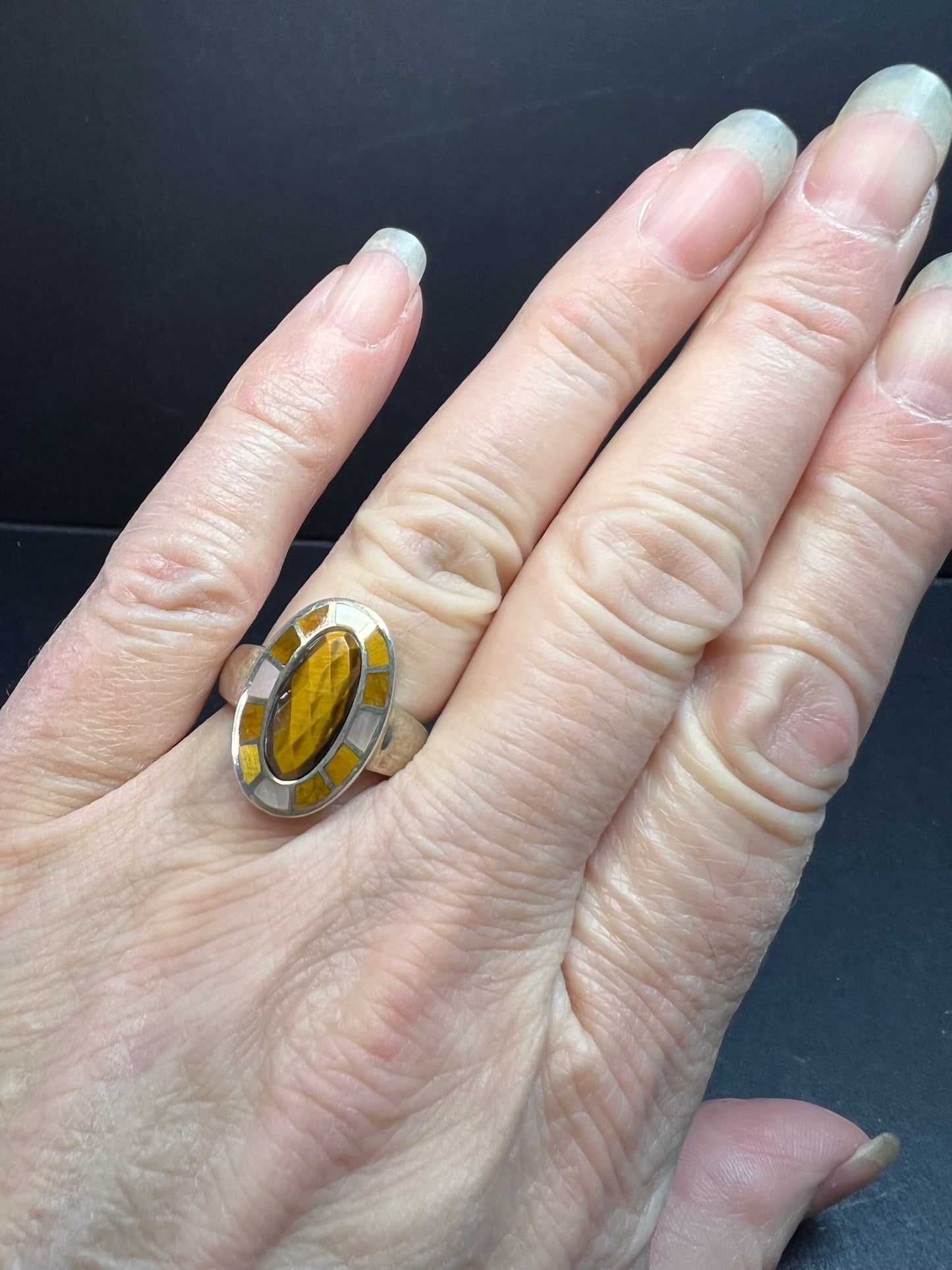 Whitney Kelly tigers eye and mother of pearl sterling silver ring size 7
