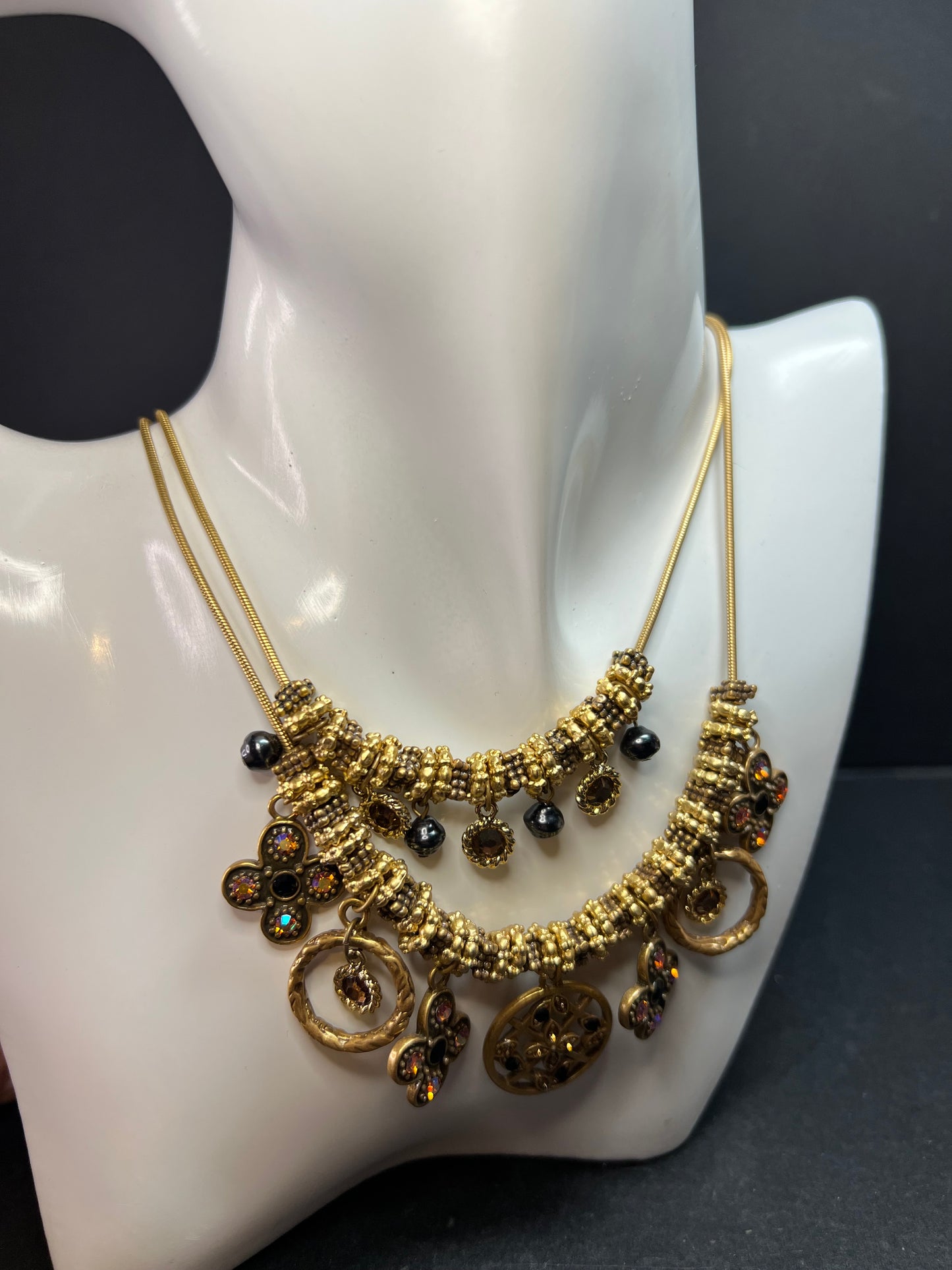 Chico’s Gold Tone Multi Charm Statement Necklace Adjustable 16–24”