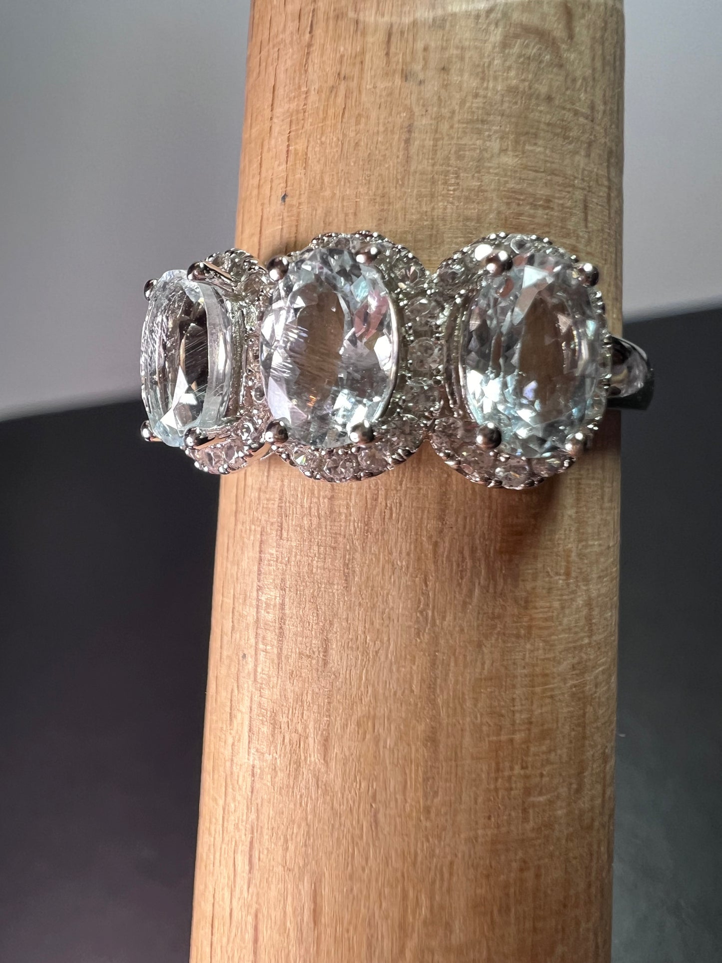 Aquamarine triple stone halo  ring size 10 in sterling silver